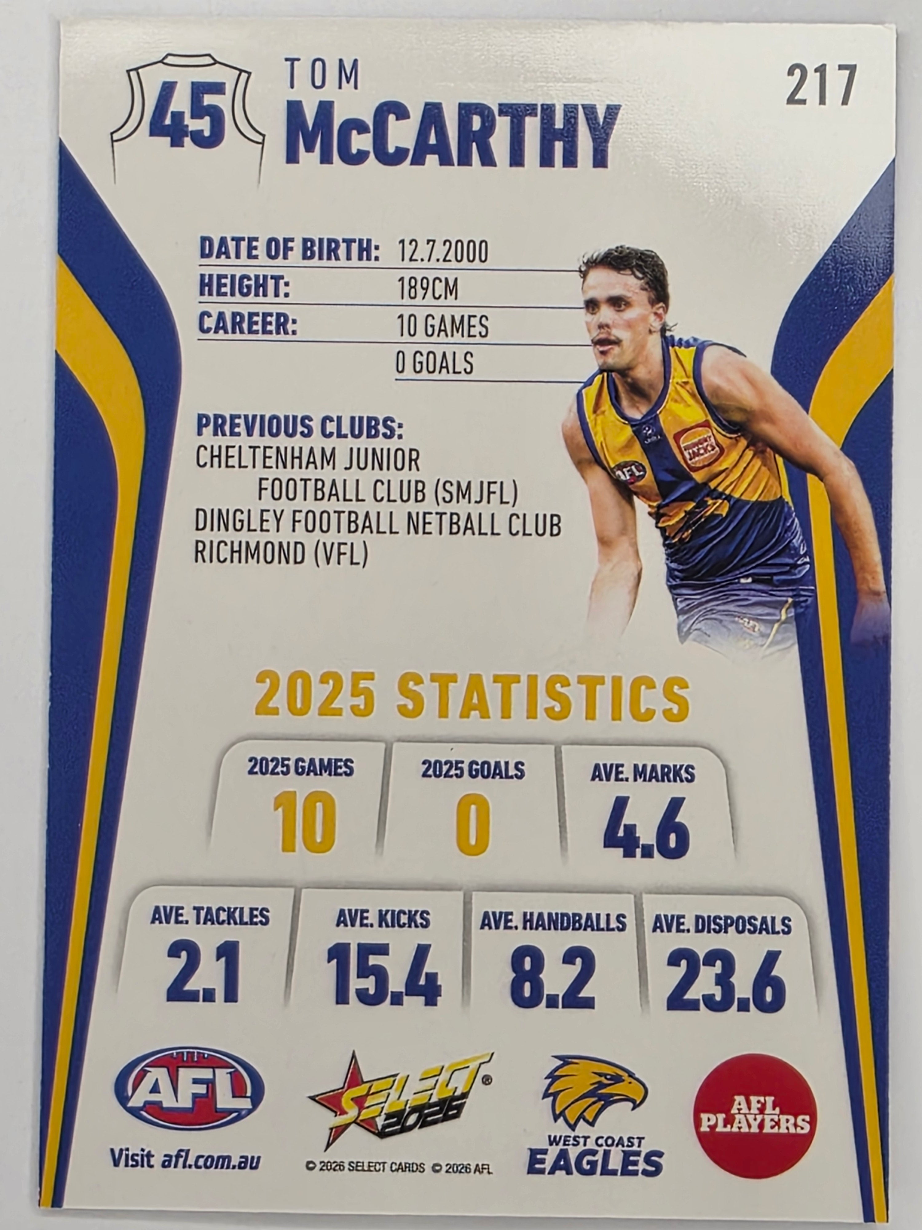 2026 AFL Footy Stars Base Card #217 Tom McCarthy - West Coast Eagles