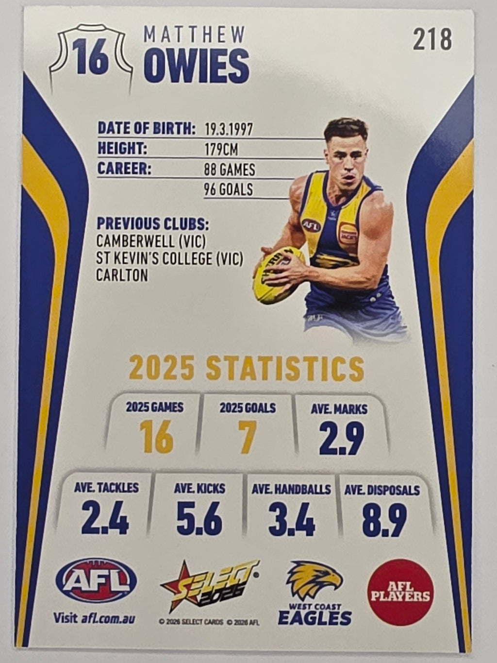 2026 AFL Footy Stars Base Card #218 Matthew Owies - West Coast Eagles