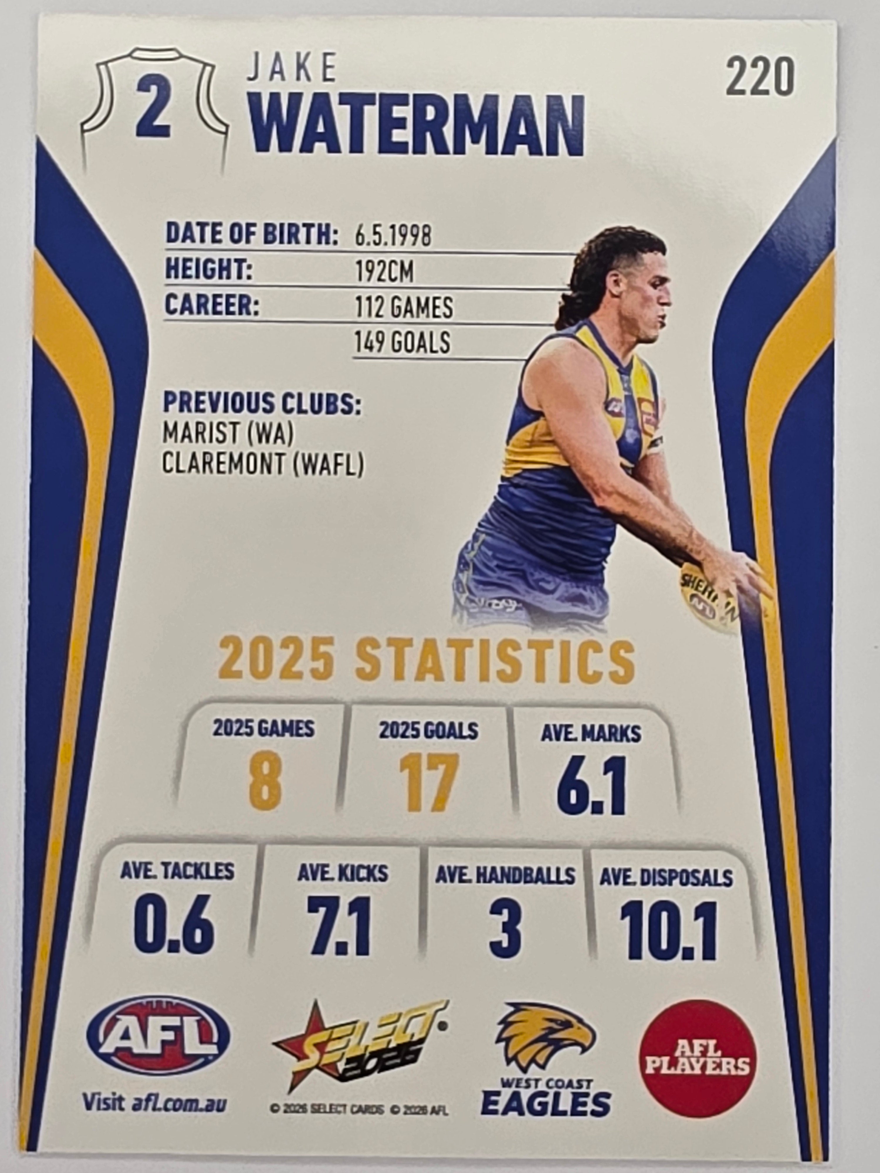 2026 AFL Footy Stars Base Card #220 Jake Waterman - West Coast Eagles