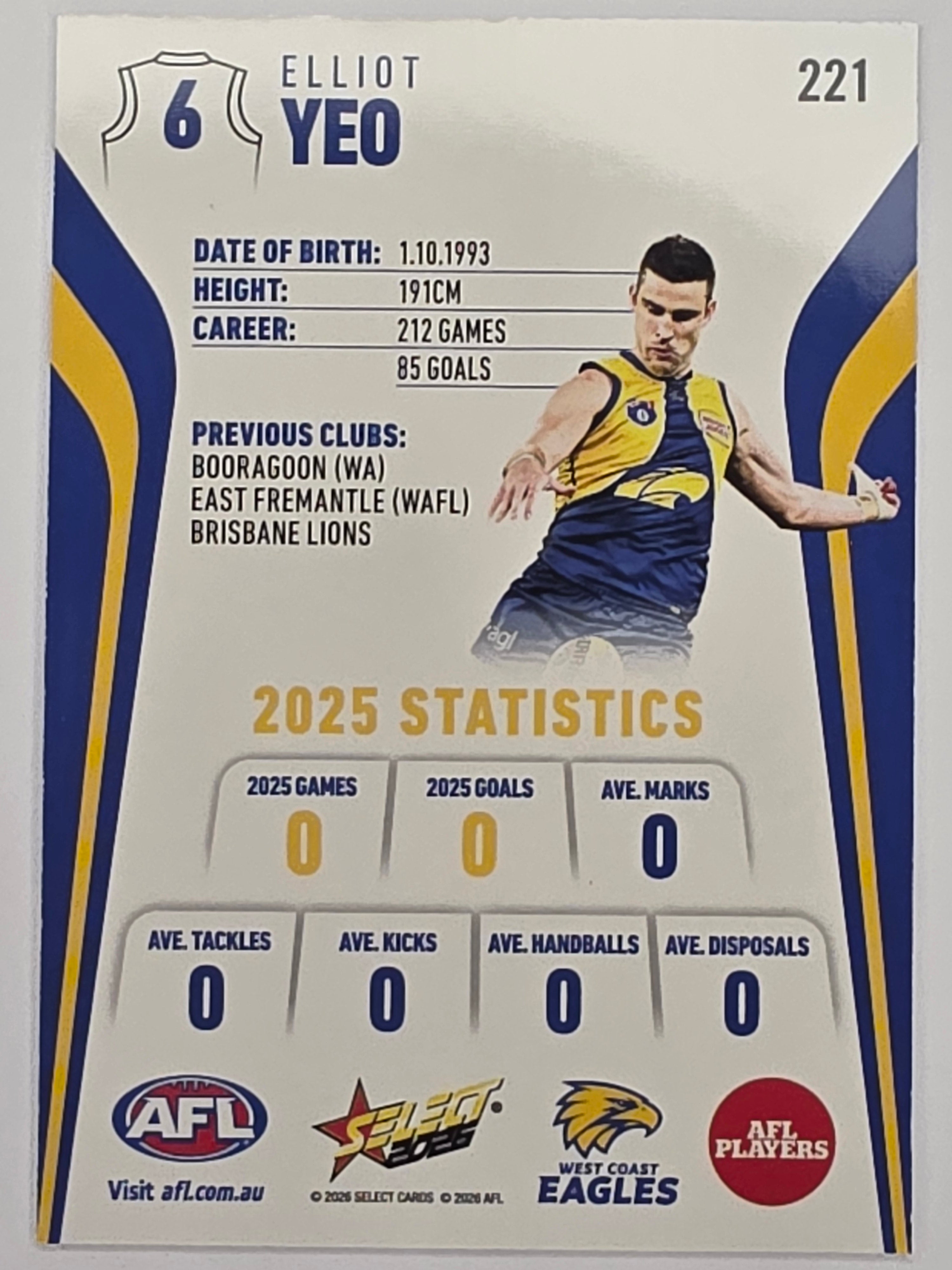 2026 AFL Footy Stars Base Card #221 Elliot Yeo - West Coast Eagles