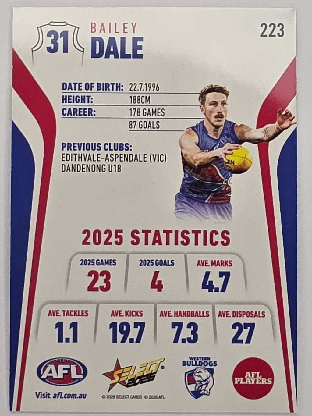 2026 AFL Footy Stars Base Card #223 Bailey Dale - Western Bulldogs