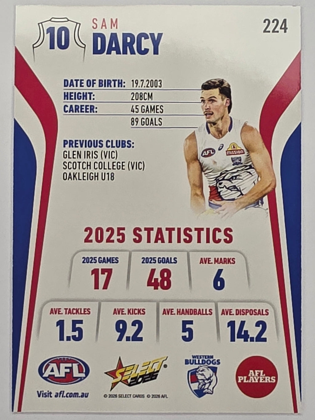 2026 AFL Footy Stars Base Card #224 Sam Darcy - Western Bulldogs