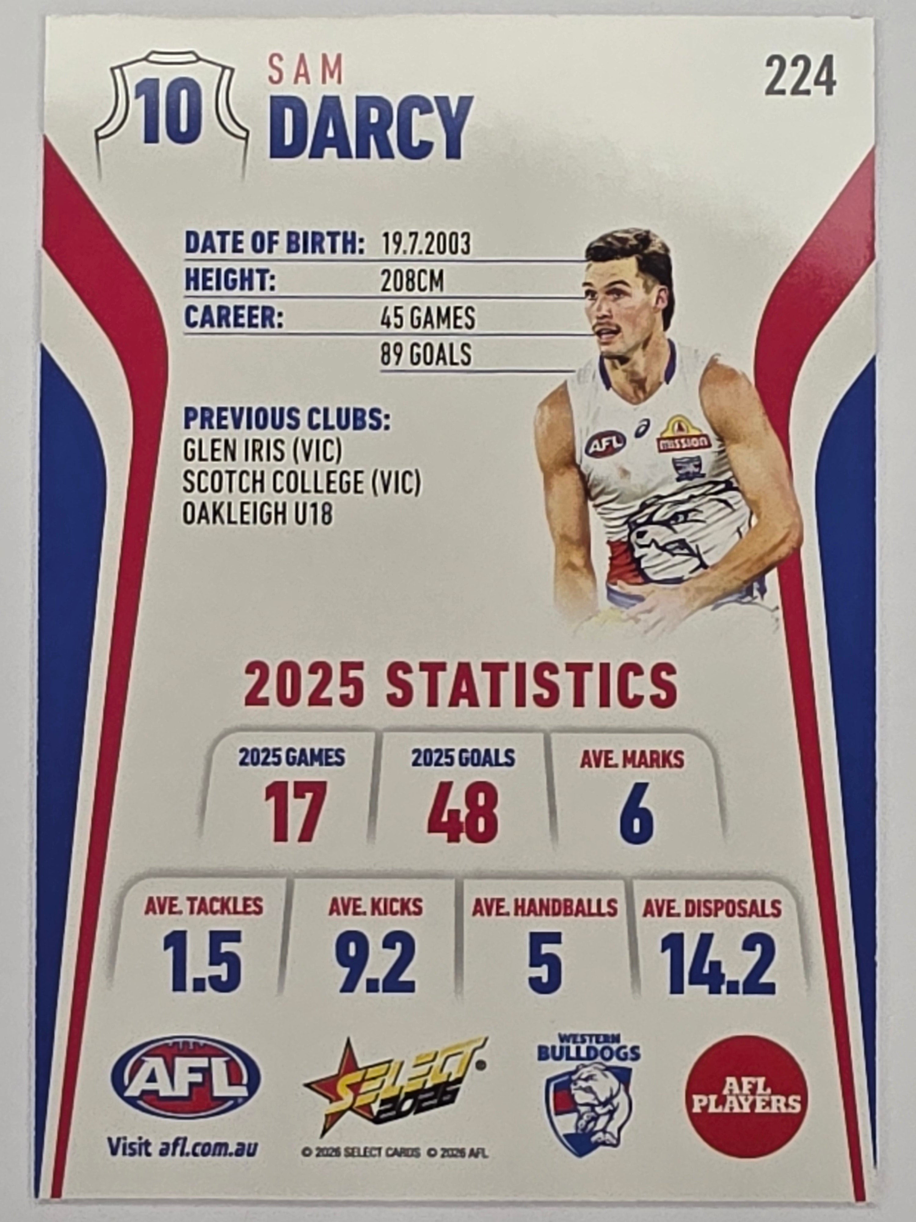 2026 AFL Footy Stars Base Card #224 Sam Darcy - Western Bulldogs