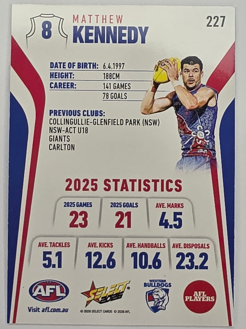 2026 AFL Footy Stars Base Card #227 Matthew Kennedy - Western Bulldogs