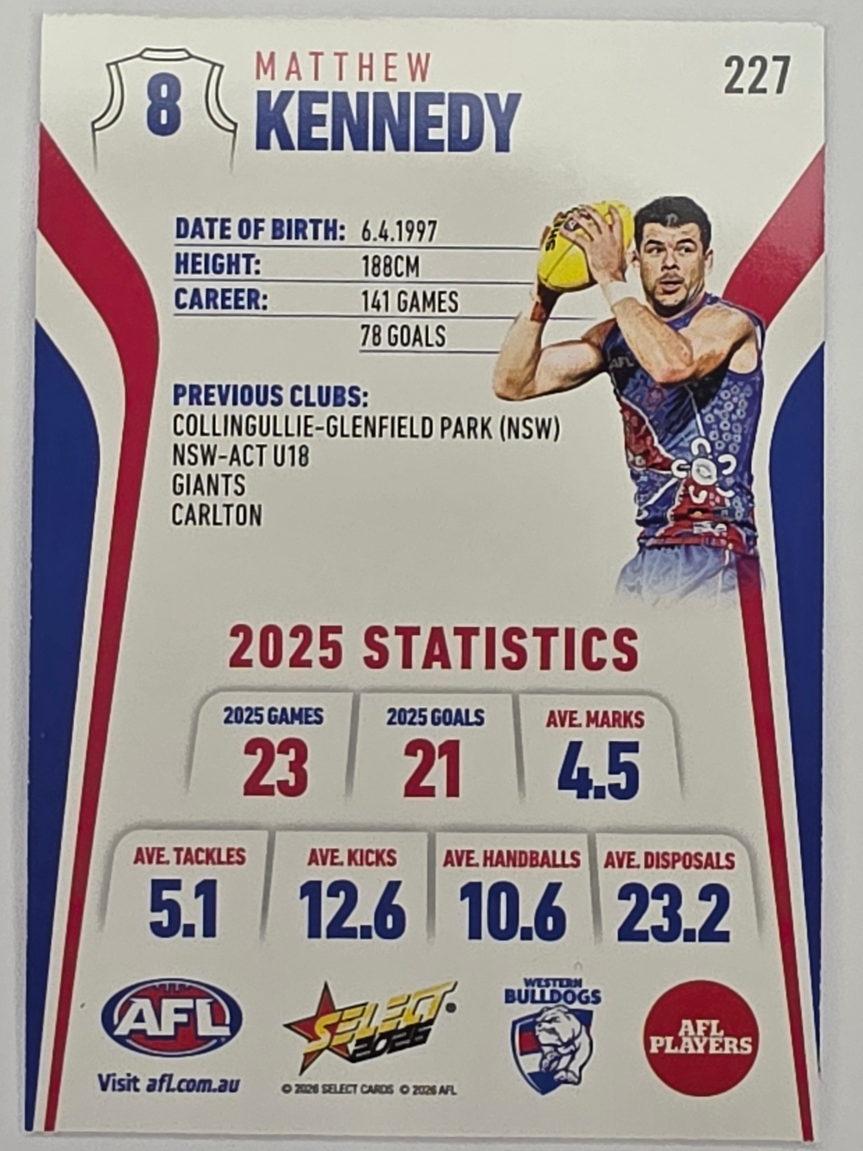 2026 AFL Footy Stars Base Card #227 Matthew Kennedy - Western Bulldogs