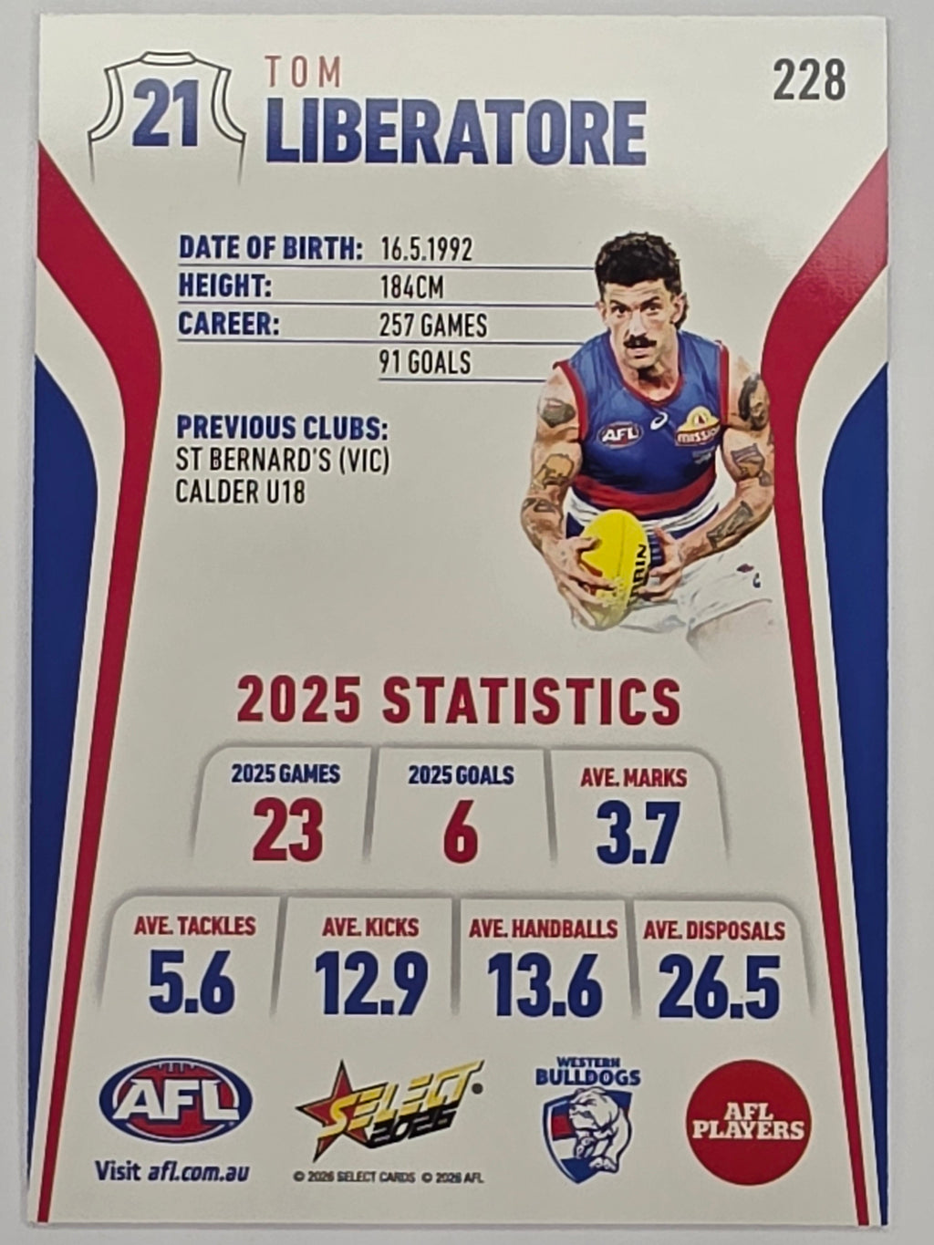 2026 AFL Footy Stars Base Card #228 Tom Liberatore - Western Bulldogs