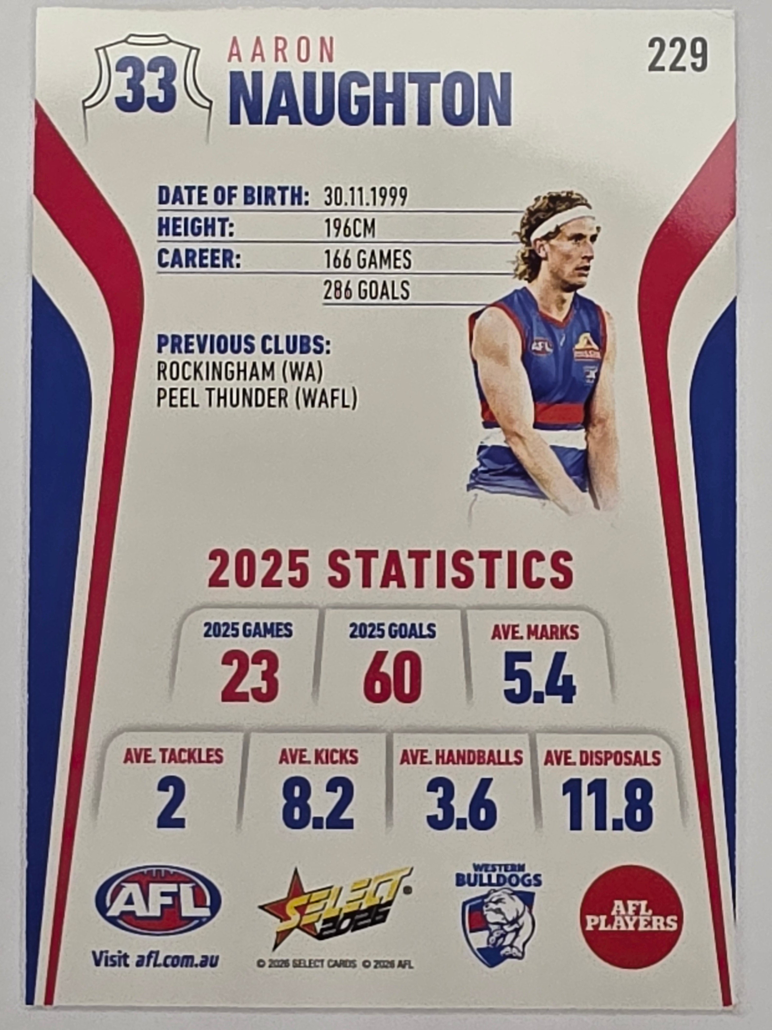 2026 AFL Footy Stars Base Card #229 Aaron Naughton - Western Bulldogs