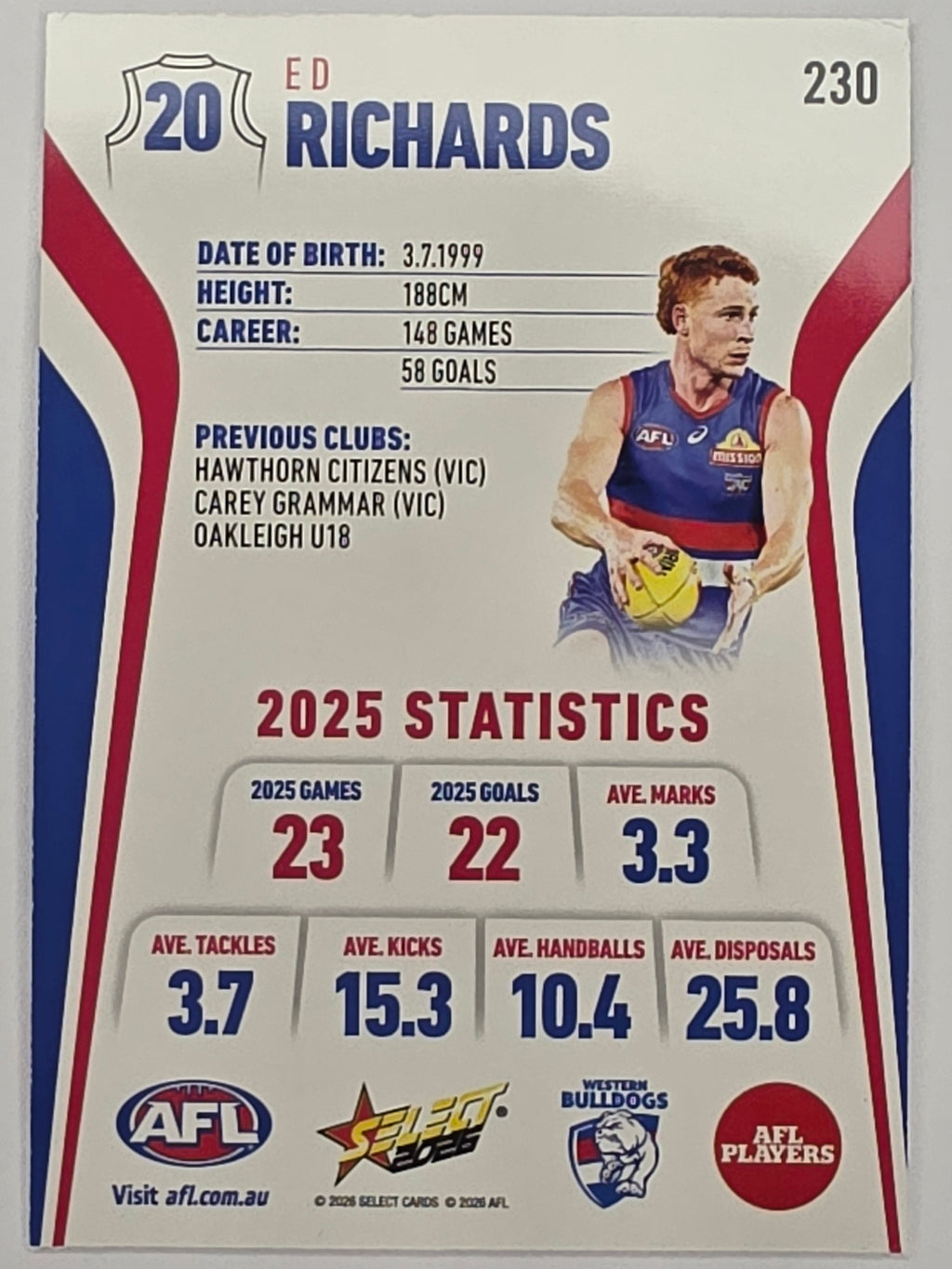 2026 AFL Footy Stars Base Card #230 Ed Richards - Western Bulldogs