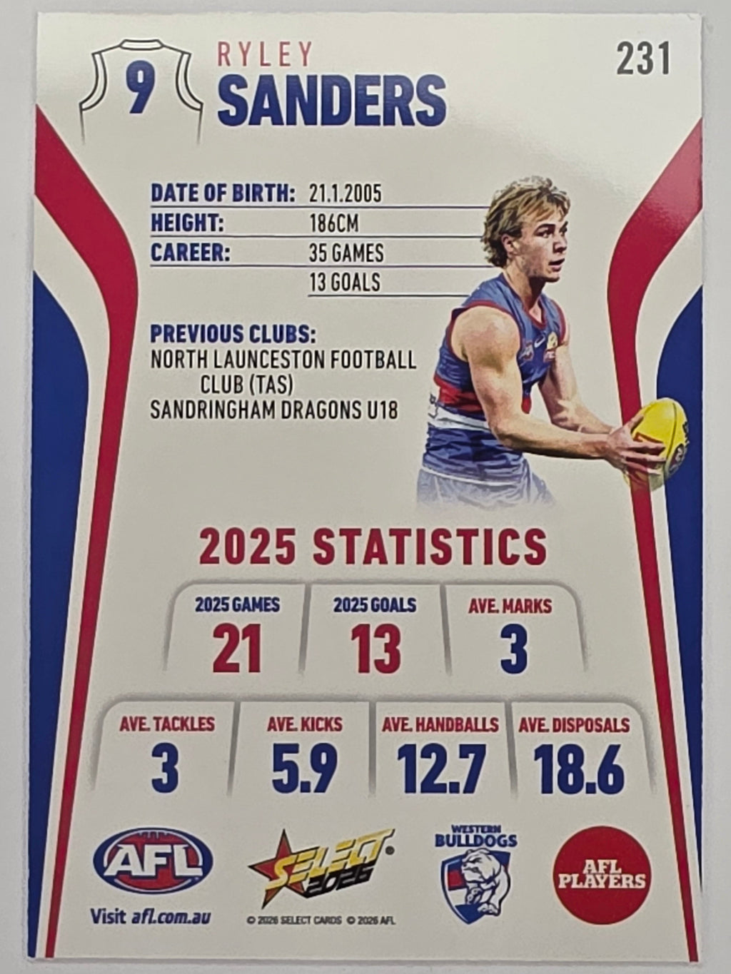 2026 AFL Footy Stars Base Card #231 Ryley Sanders - Western Bulldogs