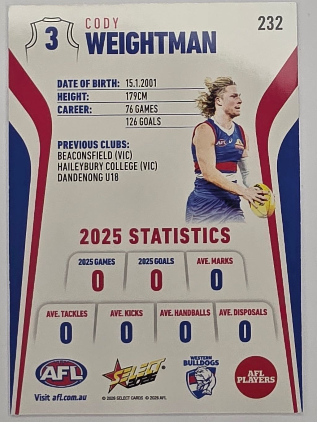 2026 AFL Footy Stars Base Card #232 Cody Weightman - Western Bulldogs