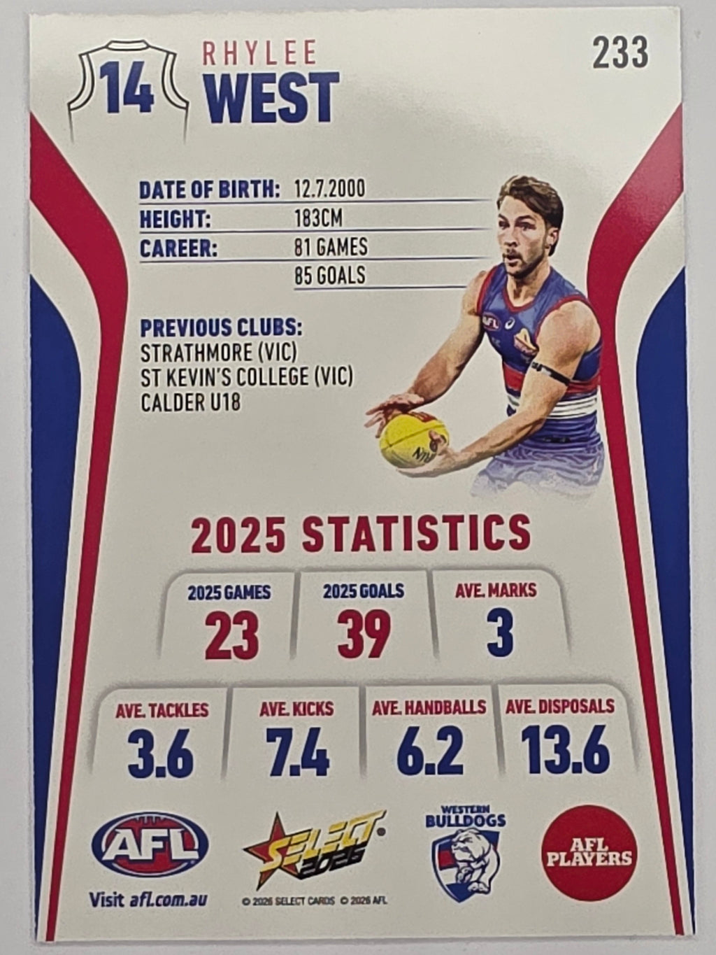 2026 AFL Footy Stars Base Card #233 Rhylee West - Western Bulldogs