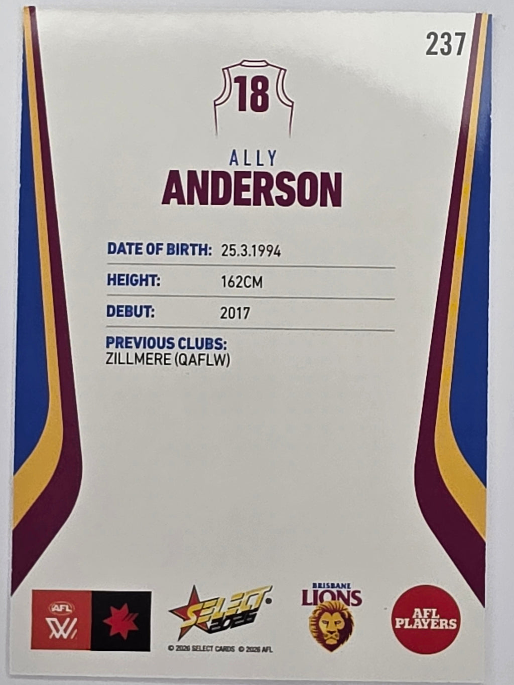 2026 AFL Footy Stars Base Card #237 Ally Anderson - Brisbane Lions