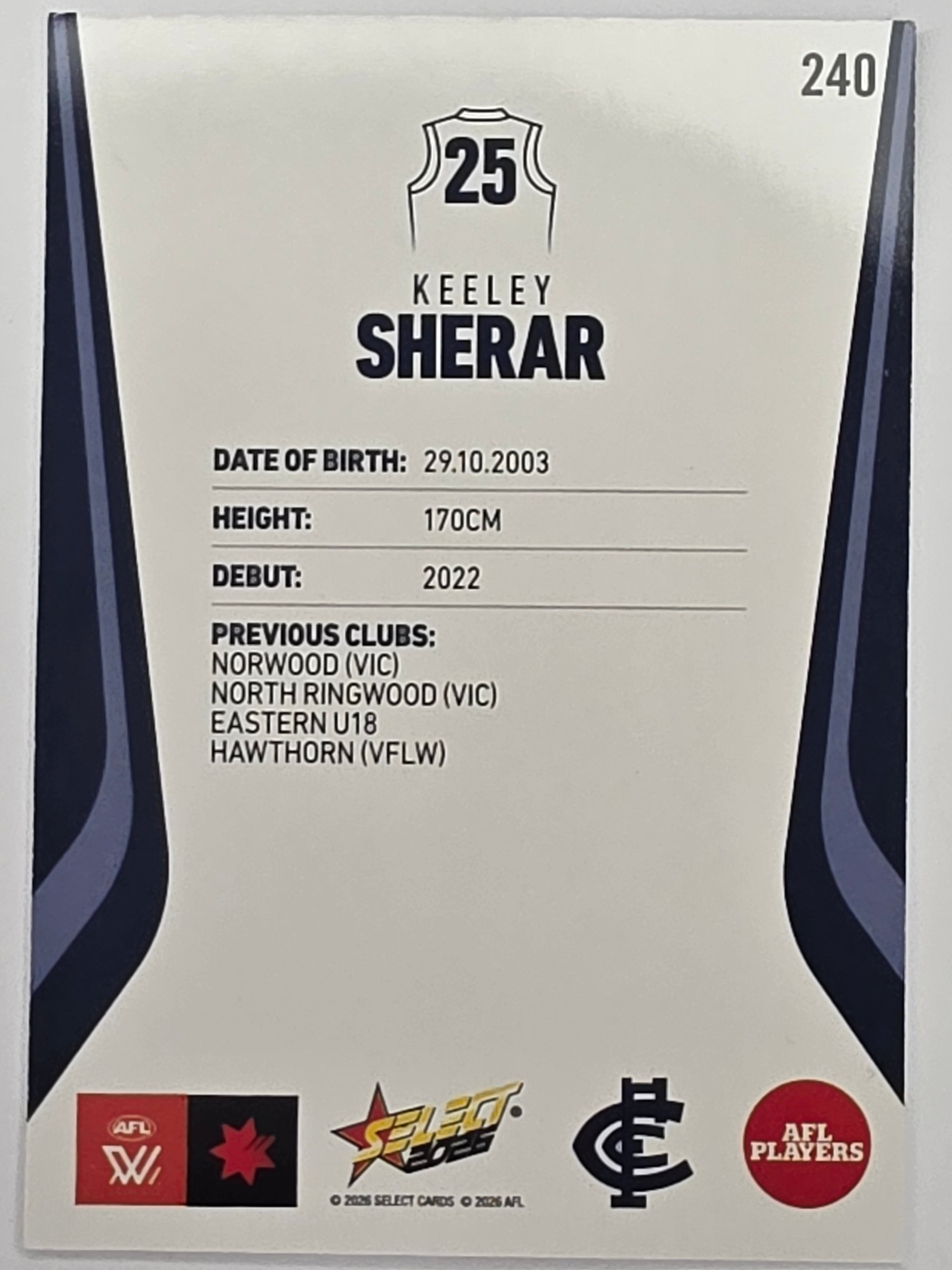 2026 AFL Footy Stars Base Card #240 Keeley Sherar - Carlton Blues