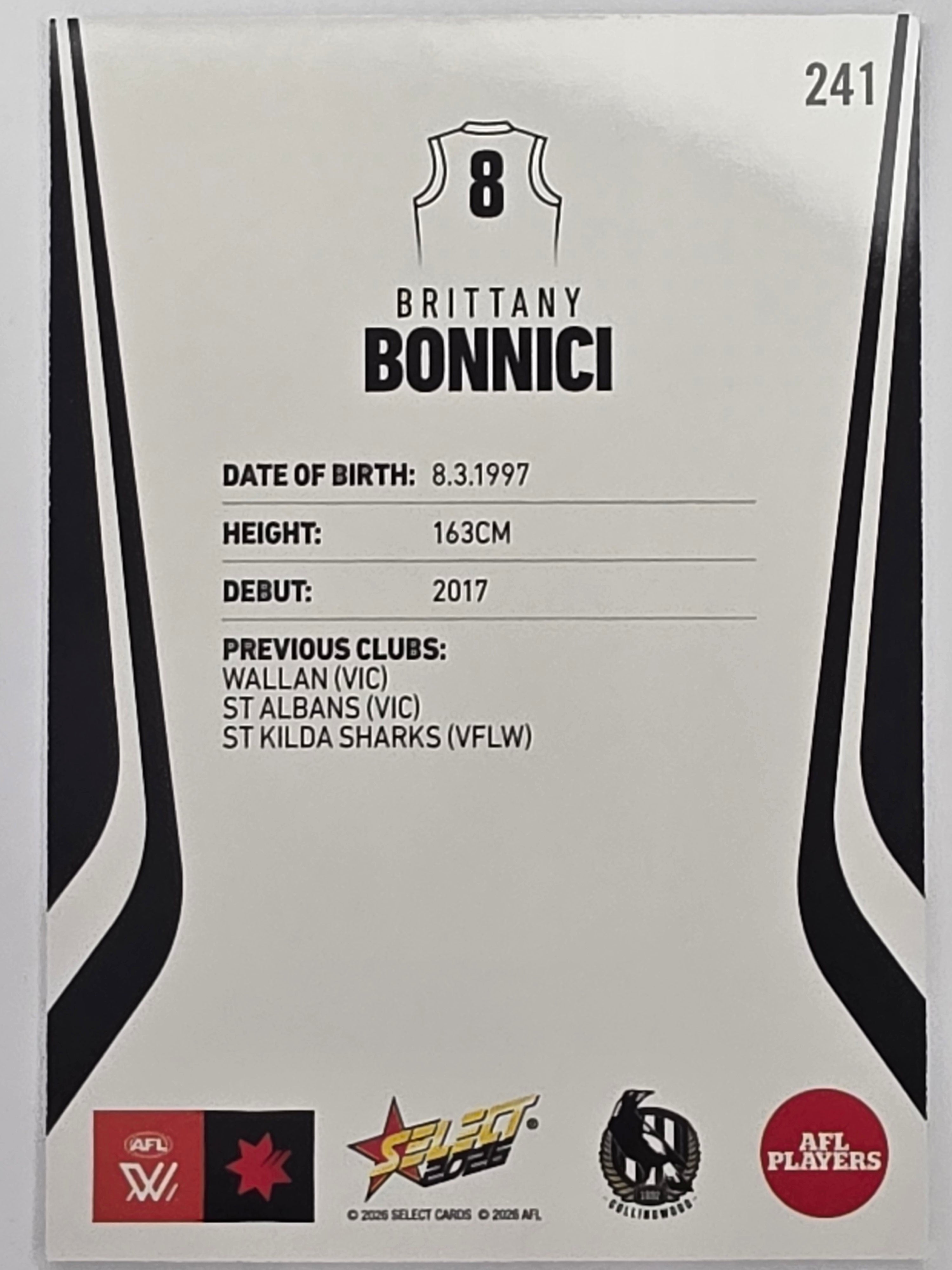 2026 AFL Footy Stars Base Card #241 Brittany Bonnici - Collingwood Magpies