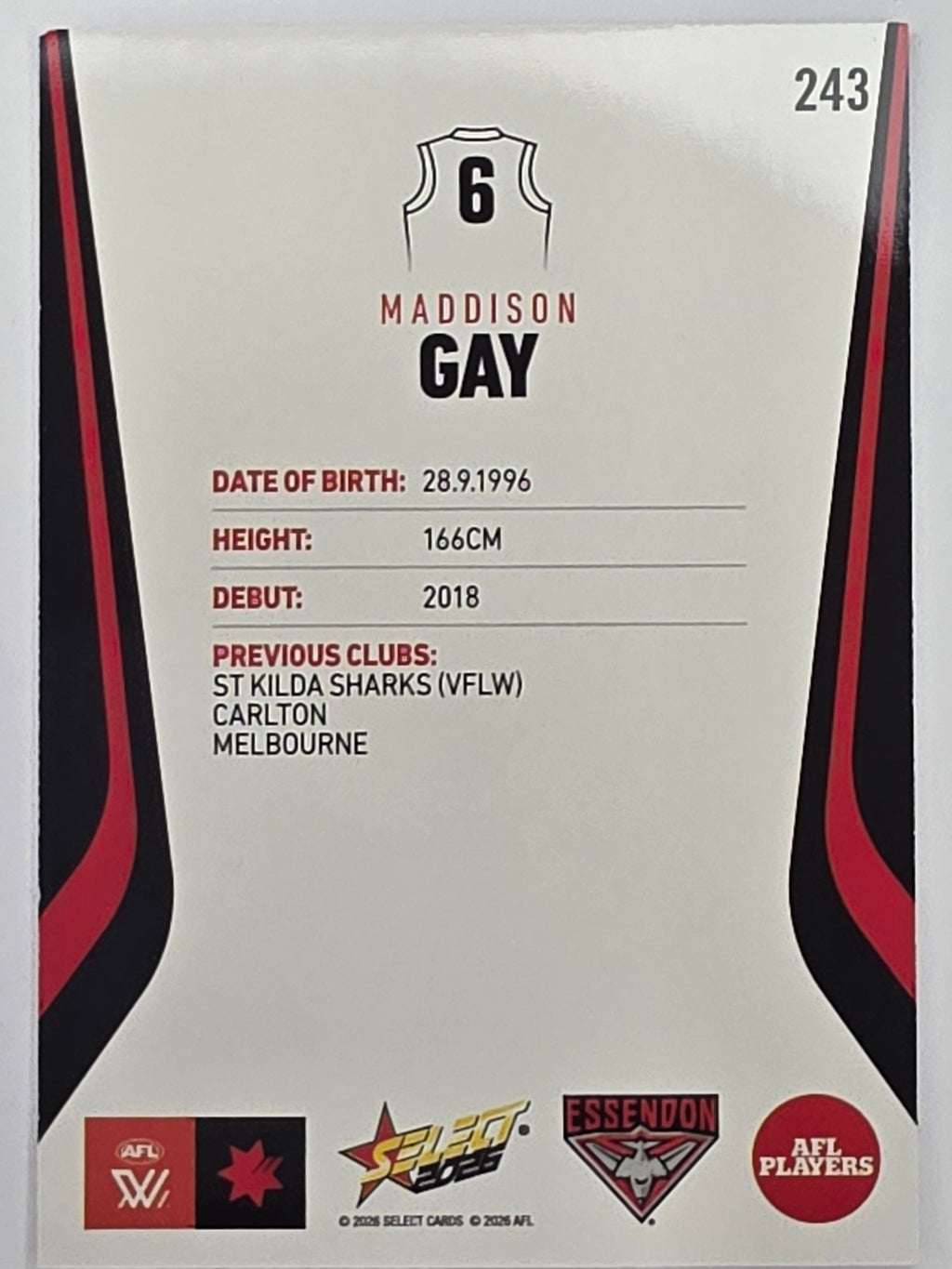 2026 AFL Footy Stars Base Card #243 Maddison Gay - Essendon Bombers