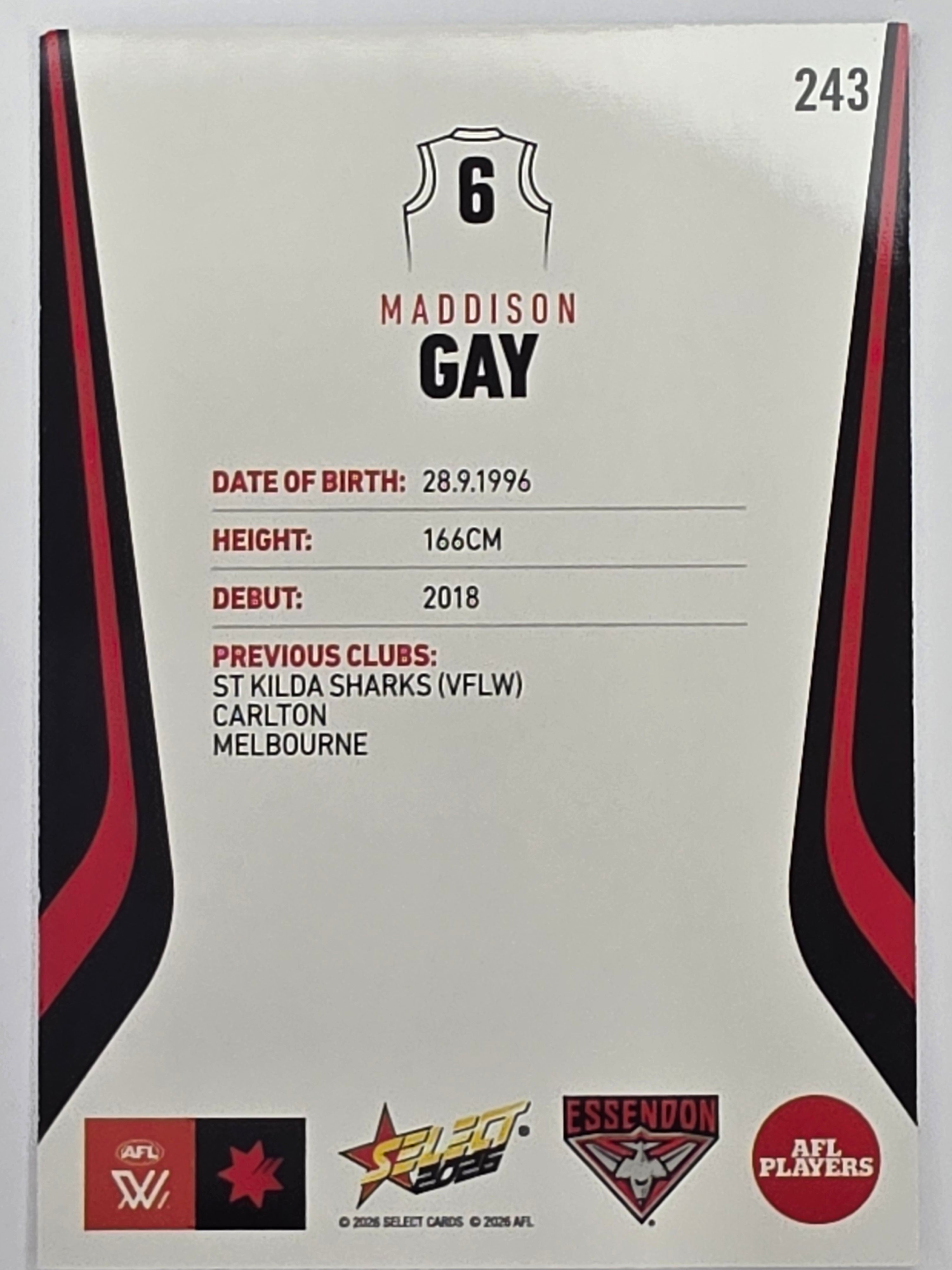 2026 AFL Footy Stars Base Card #243 Maddison Gay - Essendon Bombers