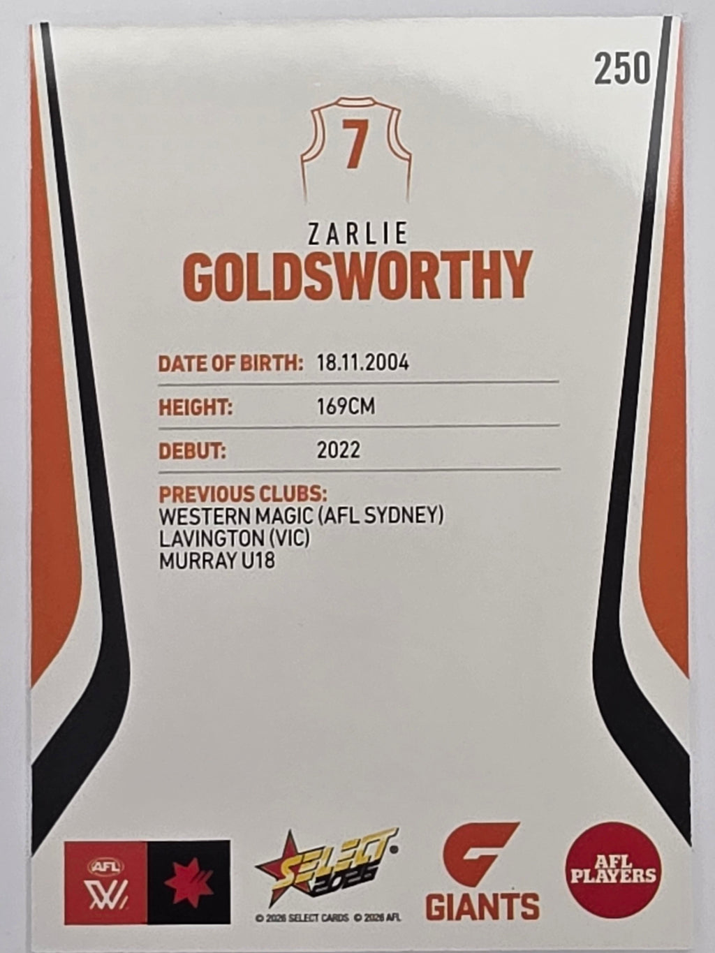 2026 AFL Footy Stars Base Card #250 Zarlie Goldsworthy - GWS Giants