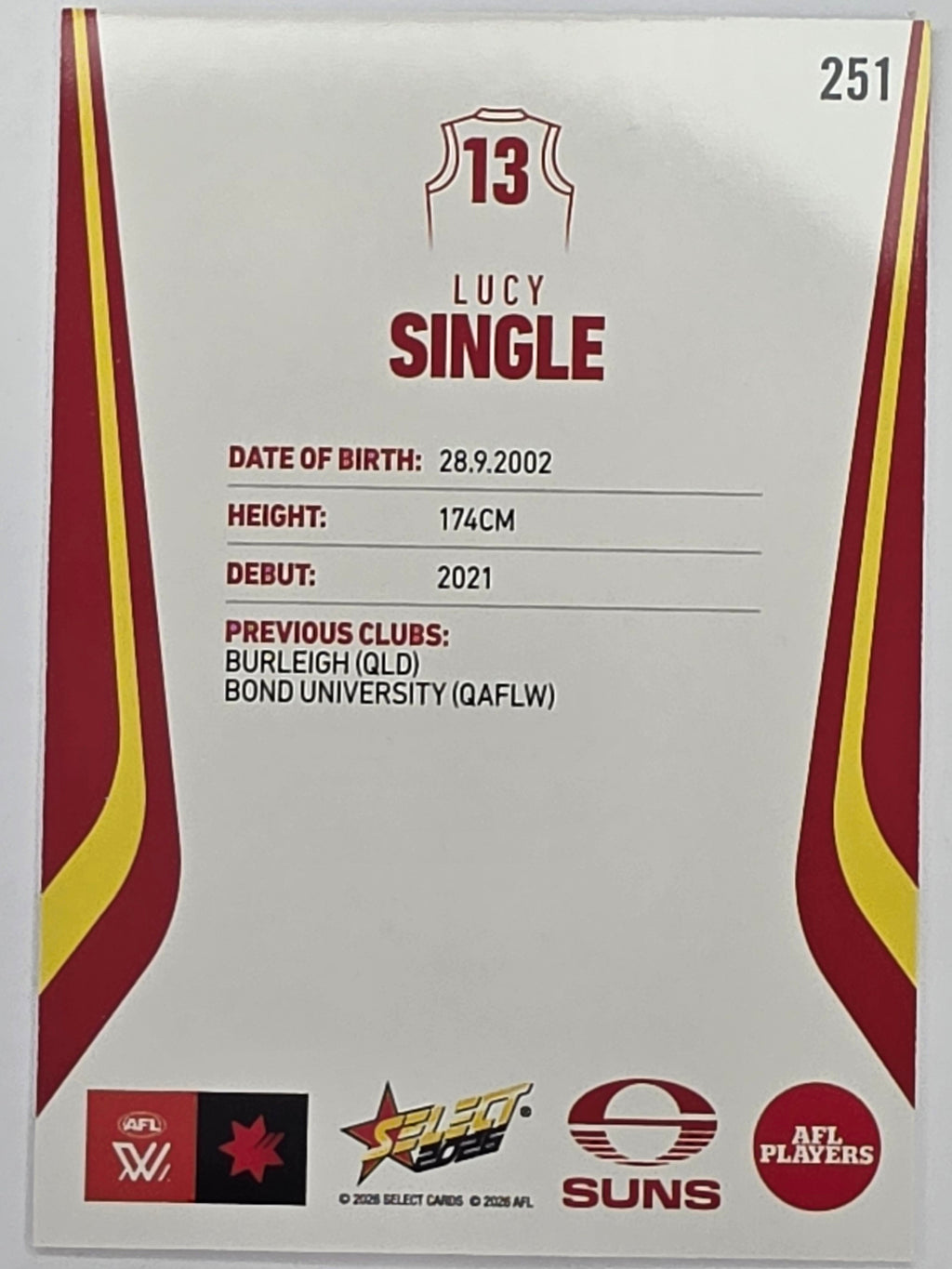 2026 AFL Footy Stars Base Card #251 Lucy Single - Gold Coast Suns