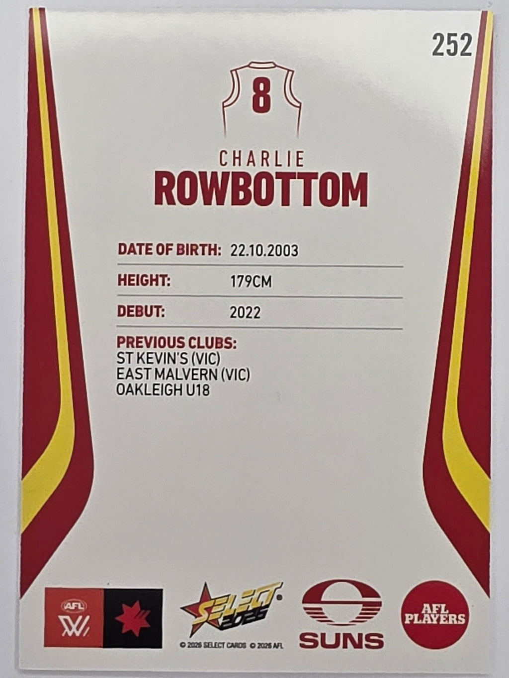 2026 AFL Footy Stars Base Card #252 Charlie Rowbottom - Gold Coast Suns
