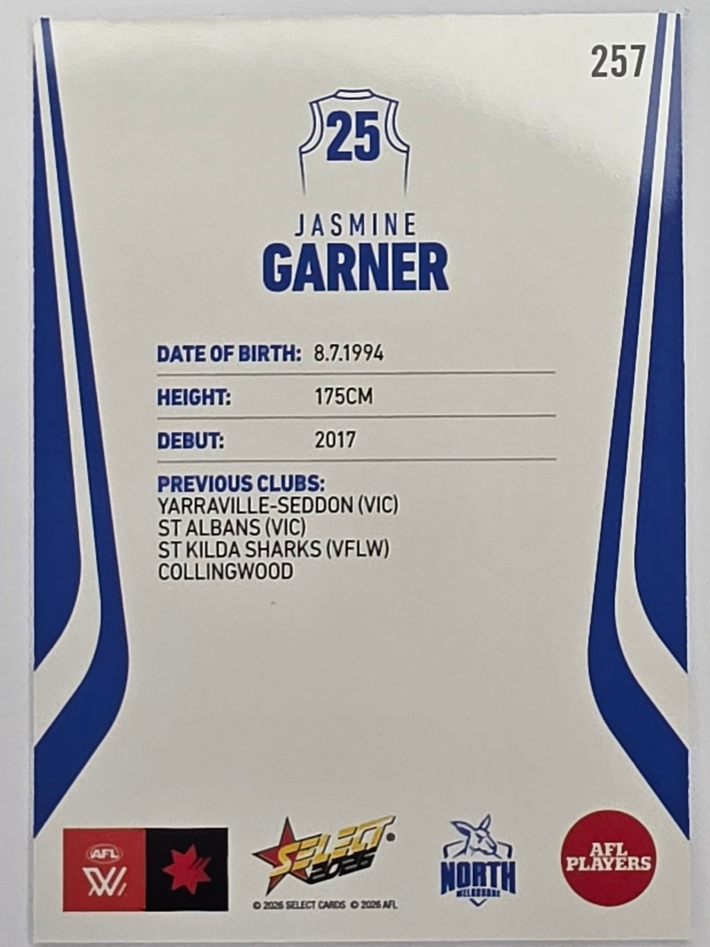 2026 AFL Footy Stars Base Card #257 Jasmine Garner - North Melbourne Kangaroos