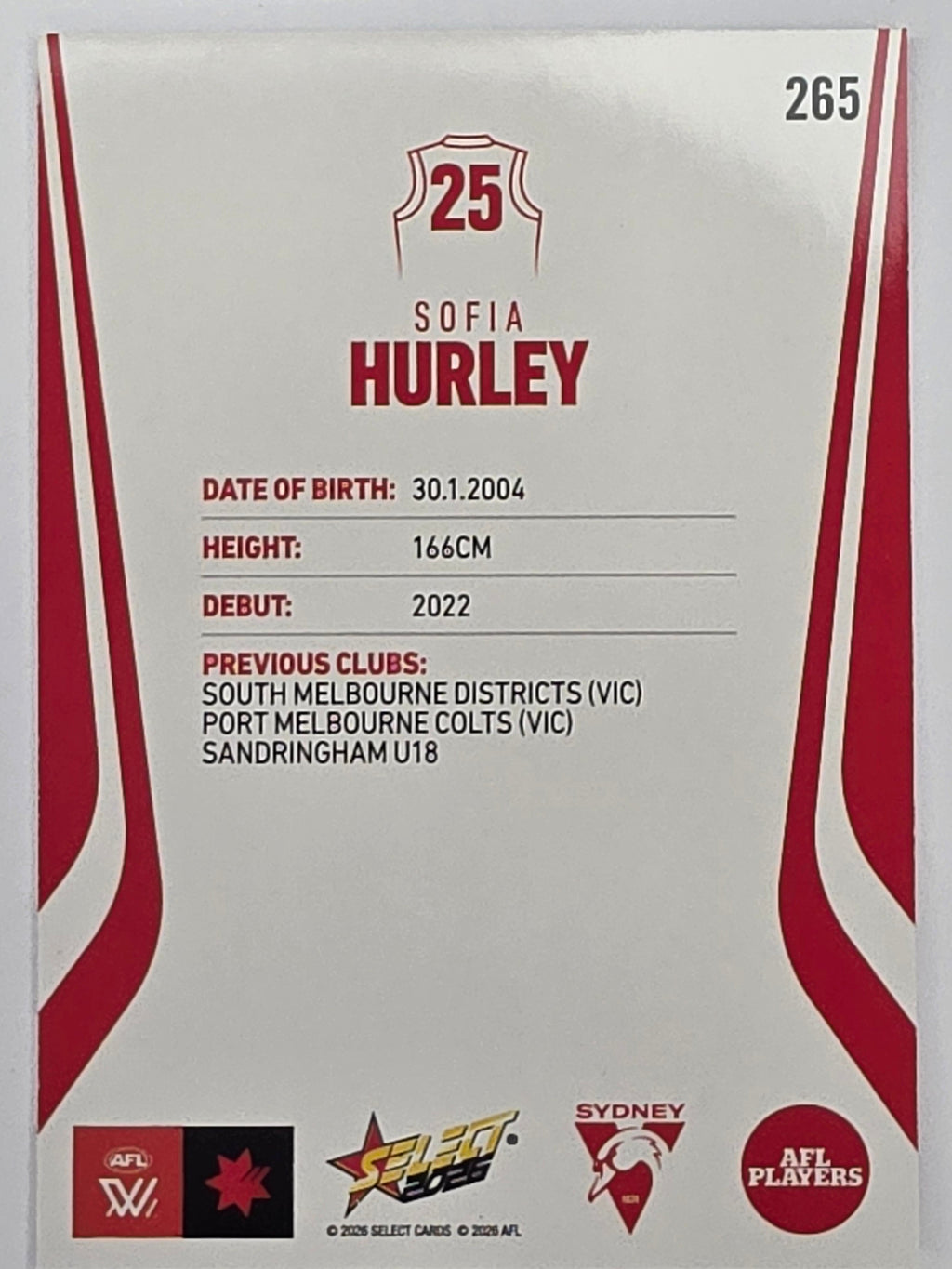 2026 AFL Footy Stars Base Card #265 Sofia Hurley - Sydney Swans