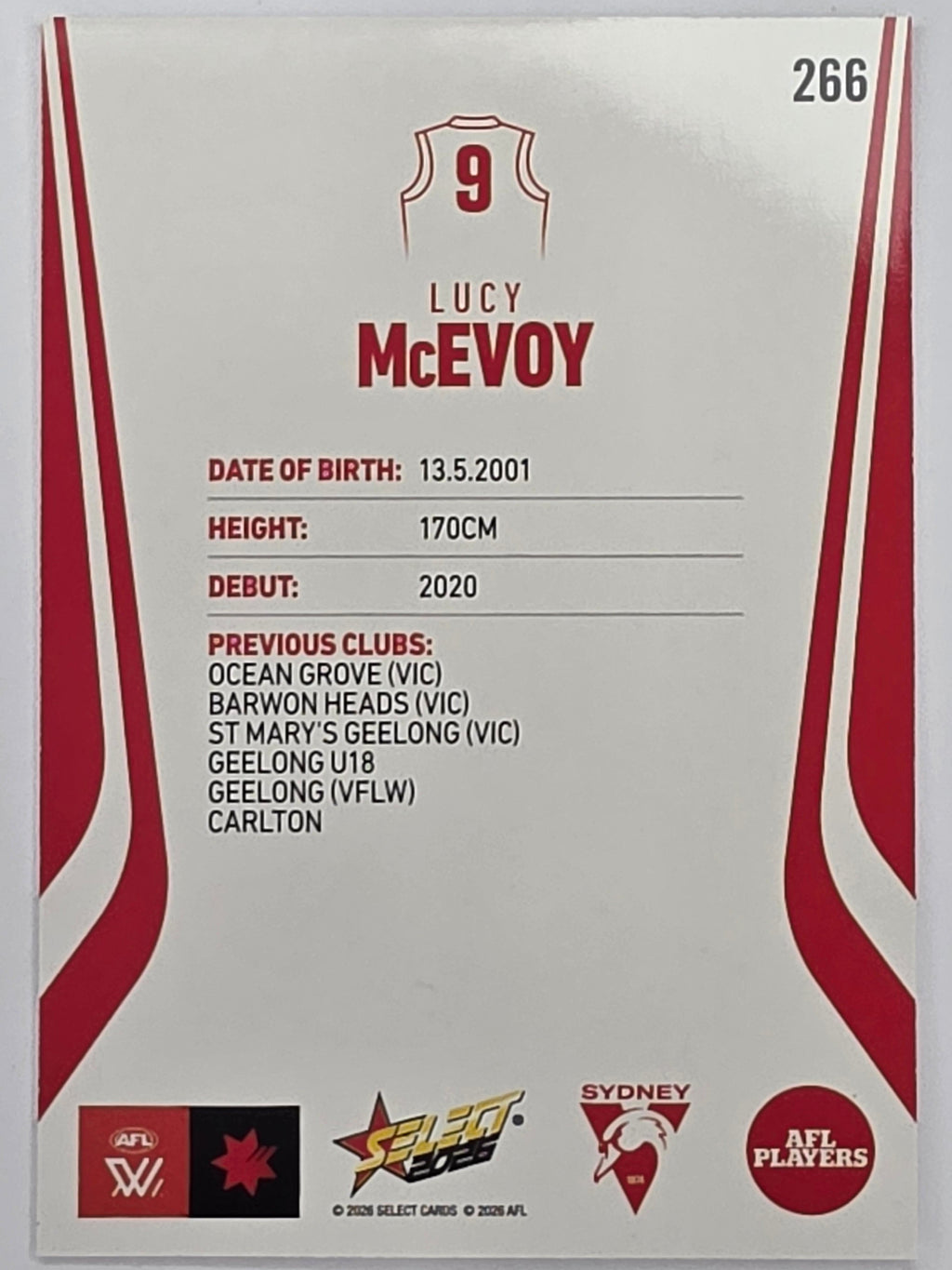 2026 AFL Footy Stars Base Card #266 Lucy McEvoy - Sydney Swans
