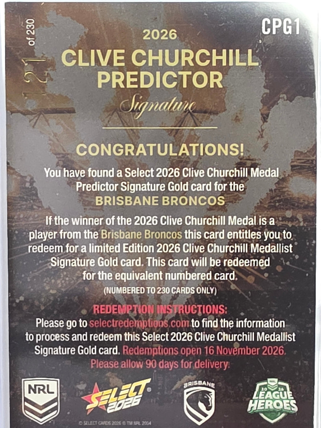 NRL 2026 League Heroes | Clive Churchill Predictor Gold | #CPG1 | #121/230 | Brisbane Broncos