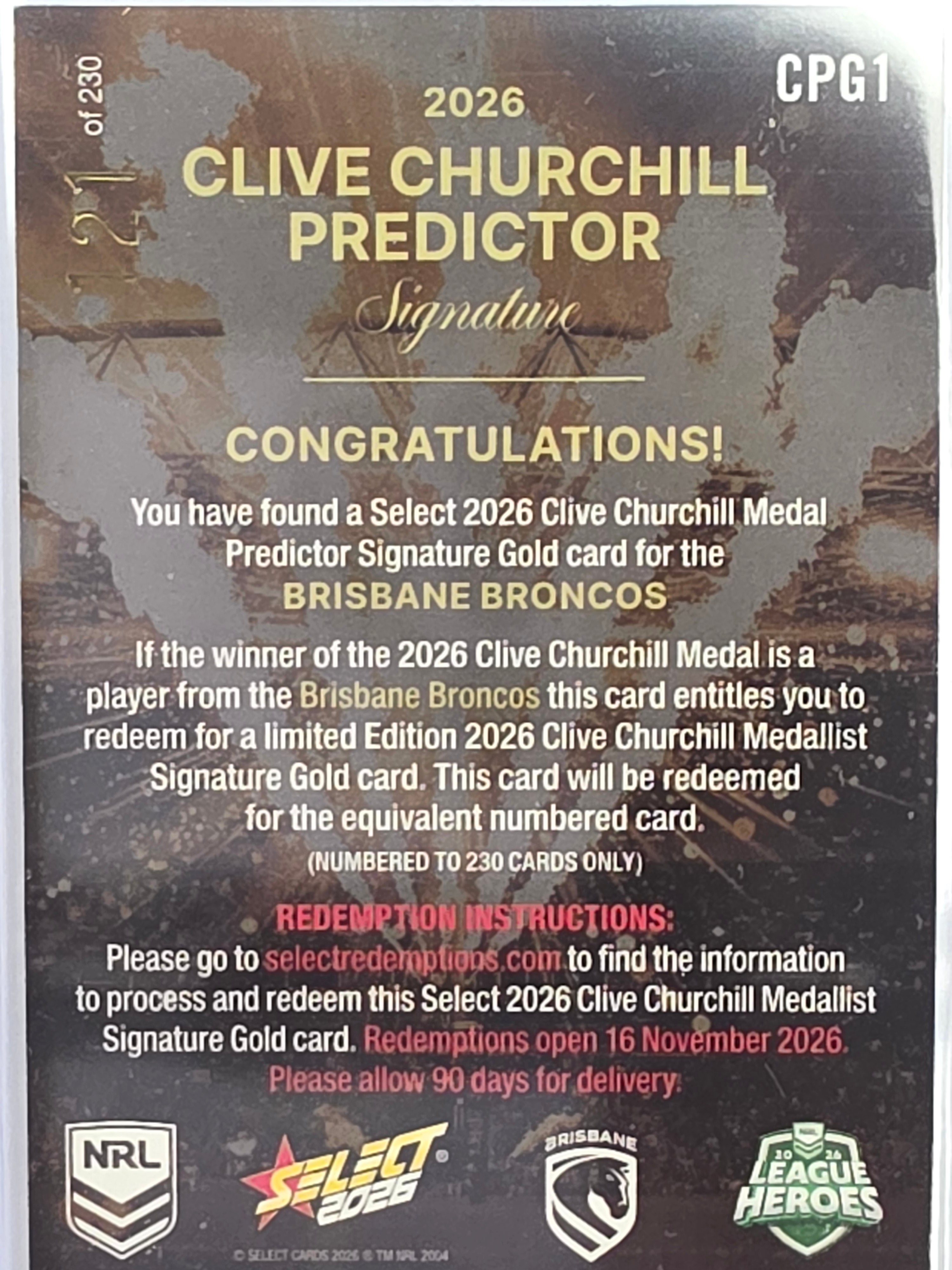 NRL 2026 League Heroes | Clive Churchill Predictor Gold | #CPG1 | #121/230 | Brisbane Broncos