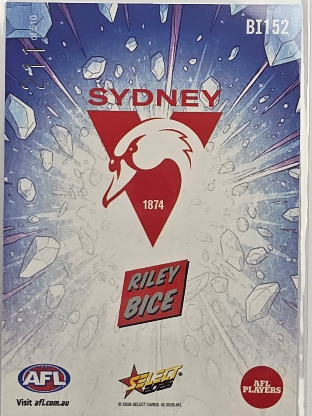 2026 AFL Footy Stars Booom Ice BI152 Riley Bice #211/510 - Sydney Swans