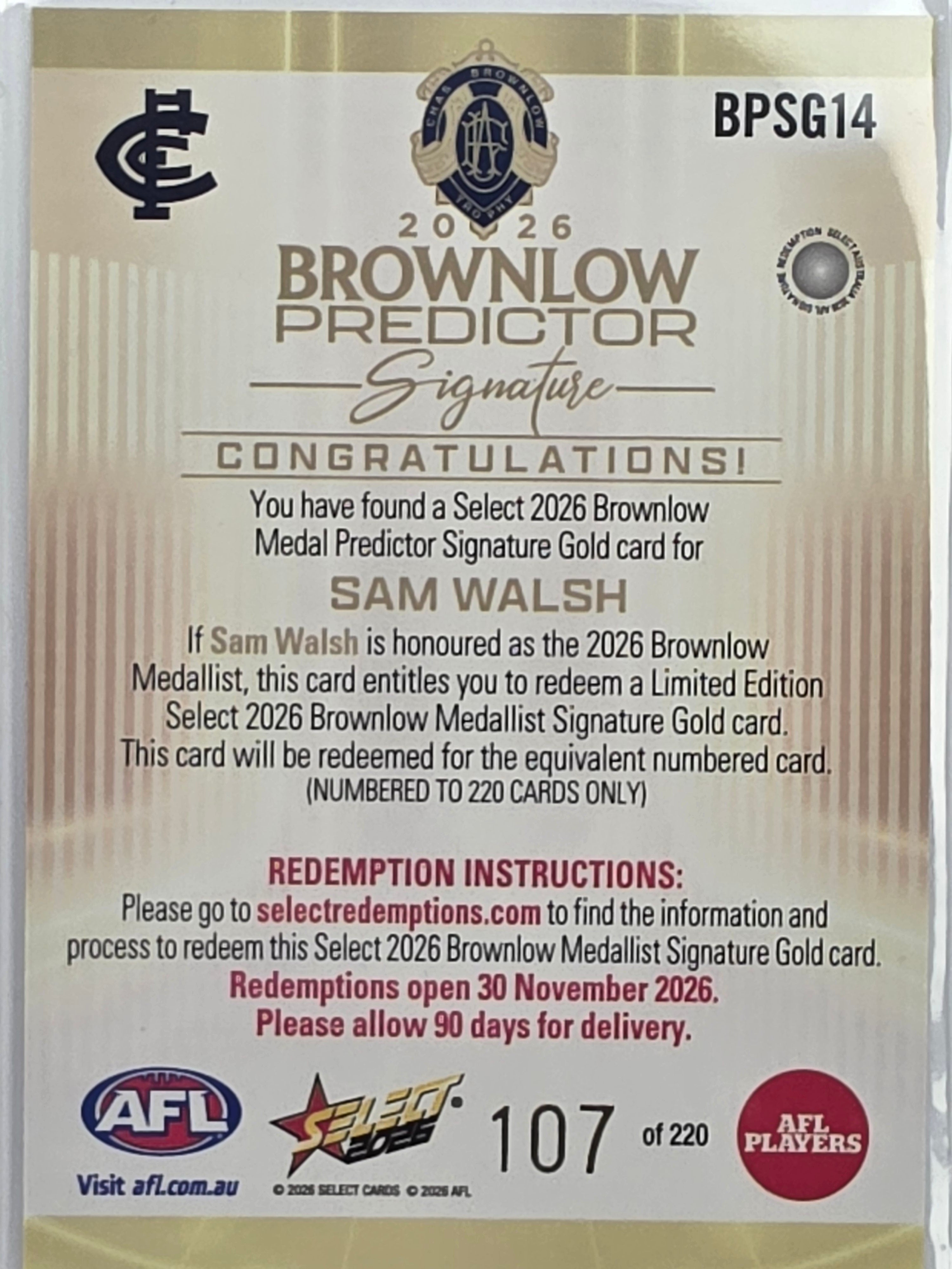 2026 AFL Select Footy Stars Brownlow Predictor Signature Gold BPSG14 Sam Walsh #107/220 - Carlton Blues