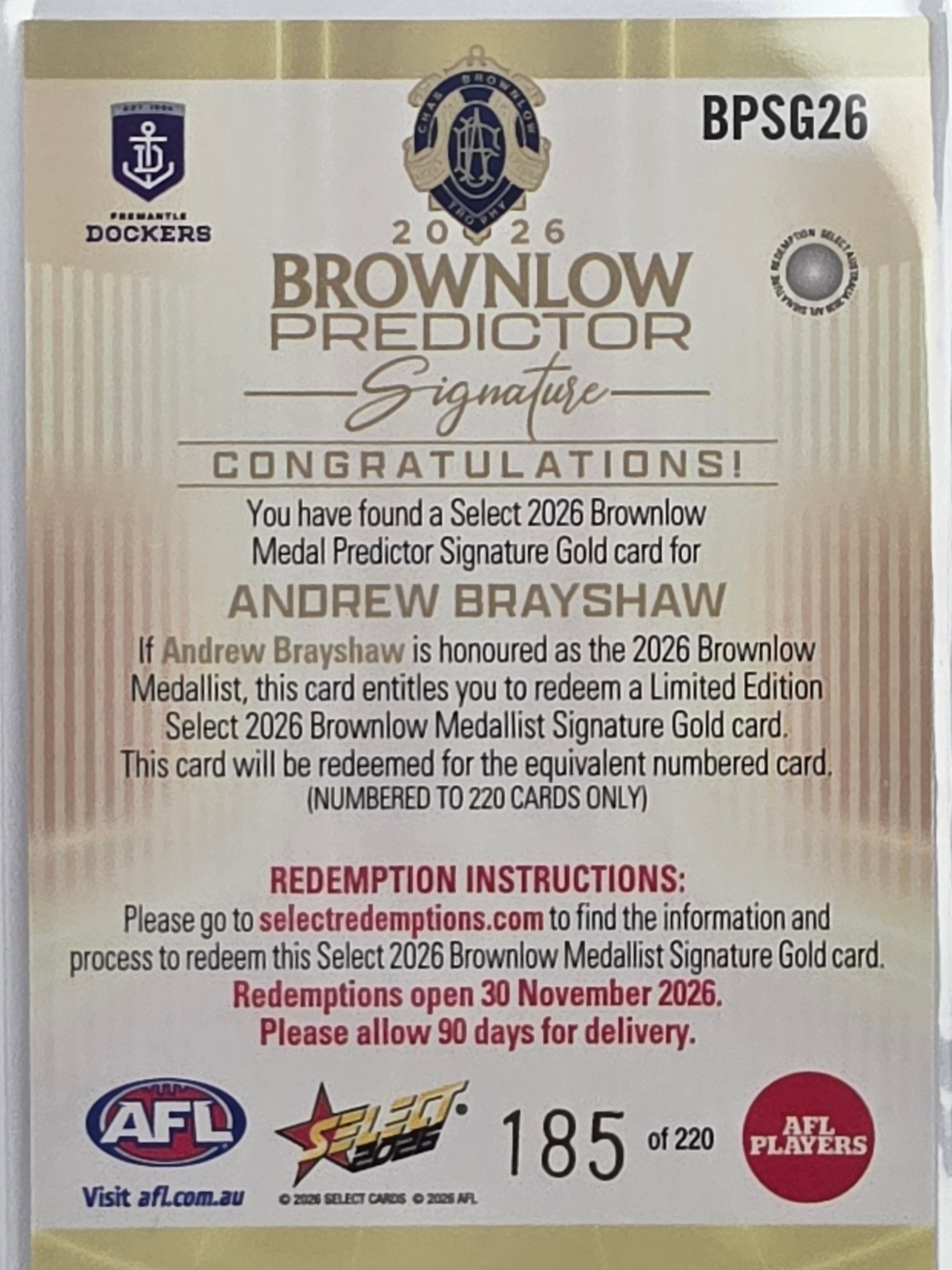 2026 AFL Select Footy Stars Brownlow Predictor Signature Gold BPSG26 Andrew Brayshaw #185/220 - Fremantle Dockers