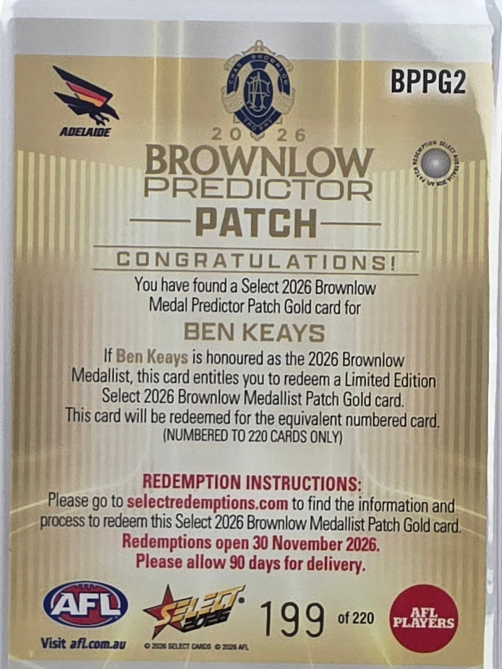 2026 AFL Select Footy Stars Brownlow Predictor Patch Gold BPPG2 Ben Keays #199/220 - Adelaide Crows