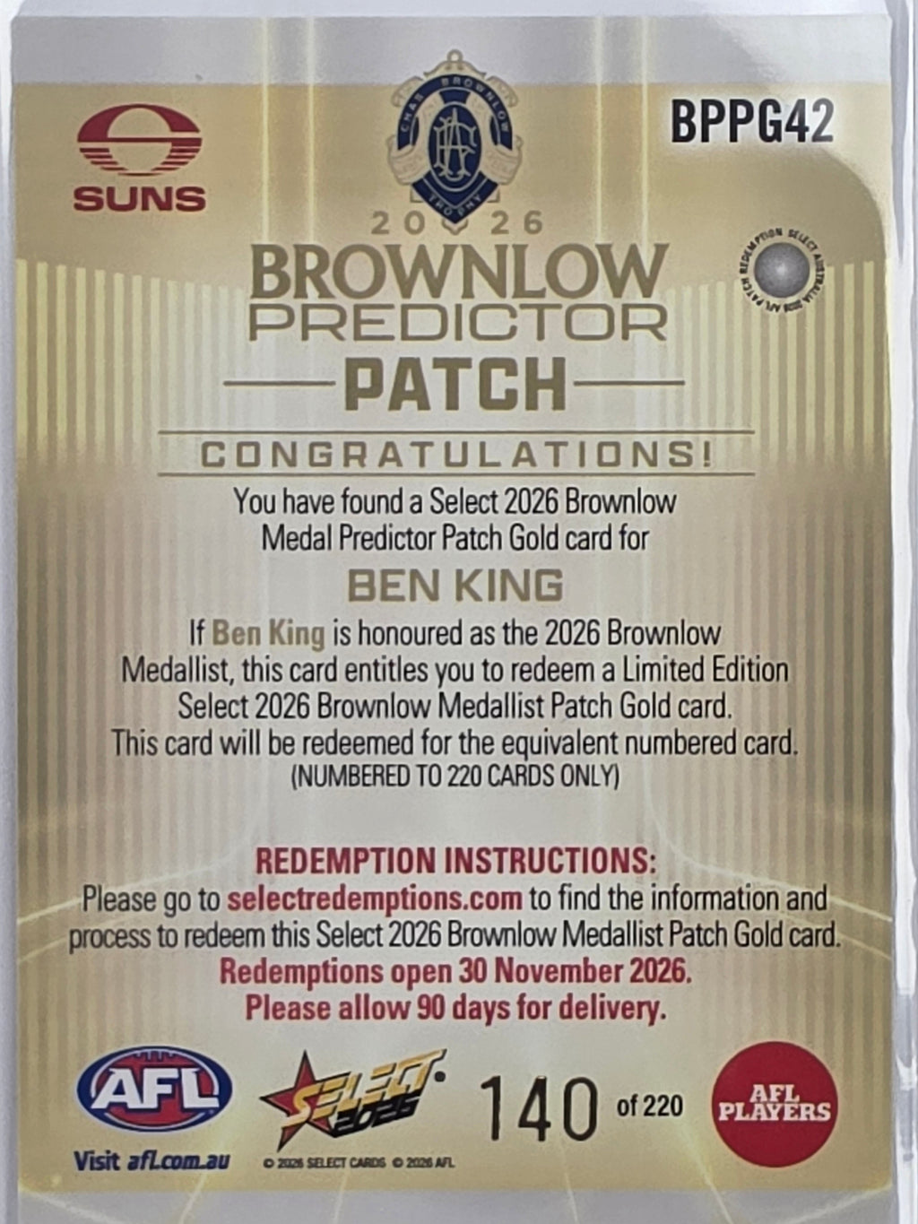 2026 AFL Select Footy Stars Brownlow Predictor Patch Gold BPPG42 Ben King #140/220 - Gold Coast Suns