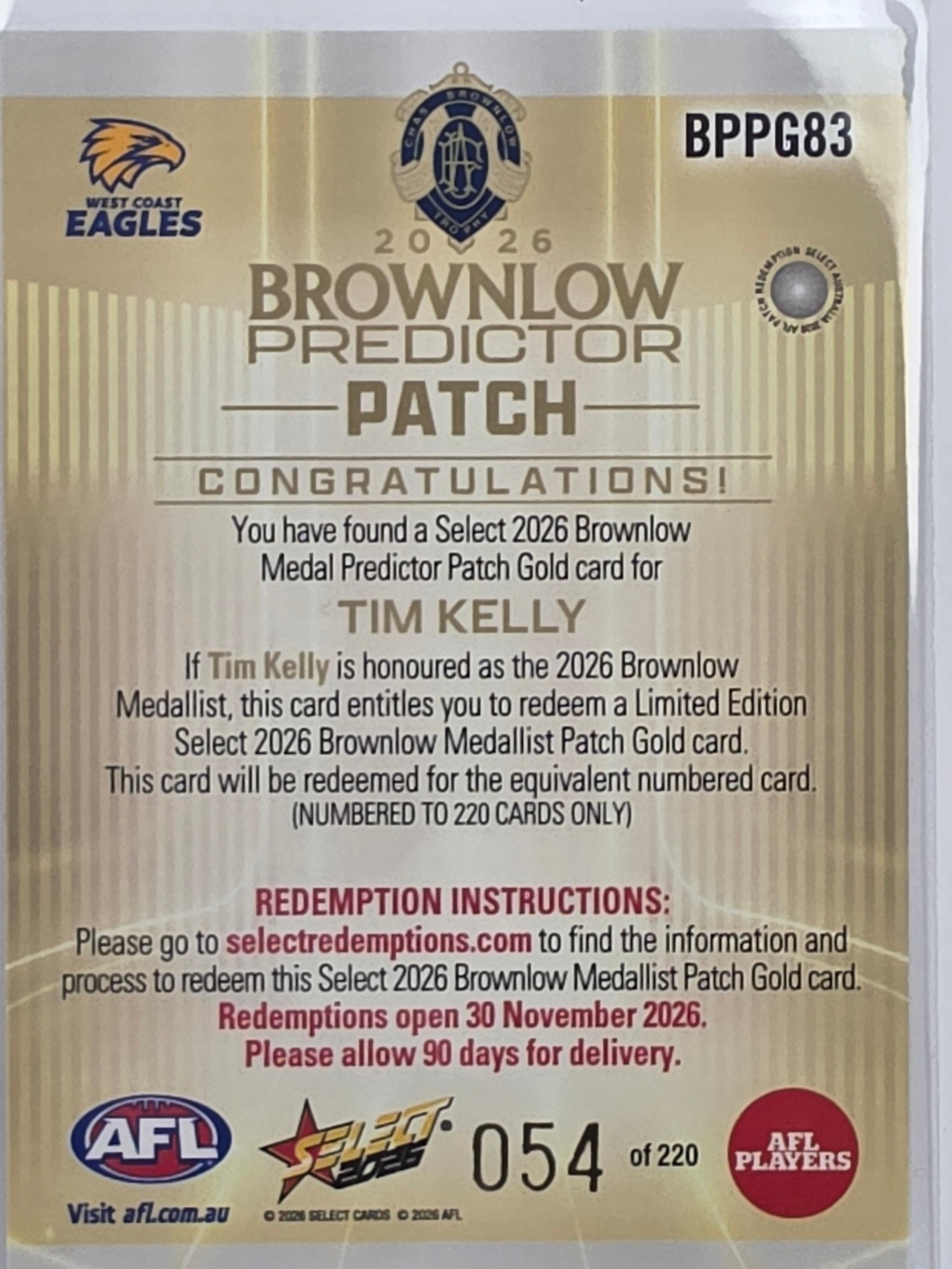 2026 AFL Select Footy Stars Brownlow Predictor Patch Gold BPPG83 Tim Kelly #054/220 - West Coast Eagles