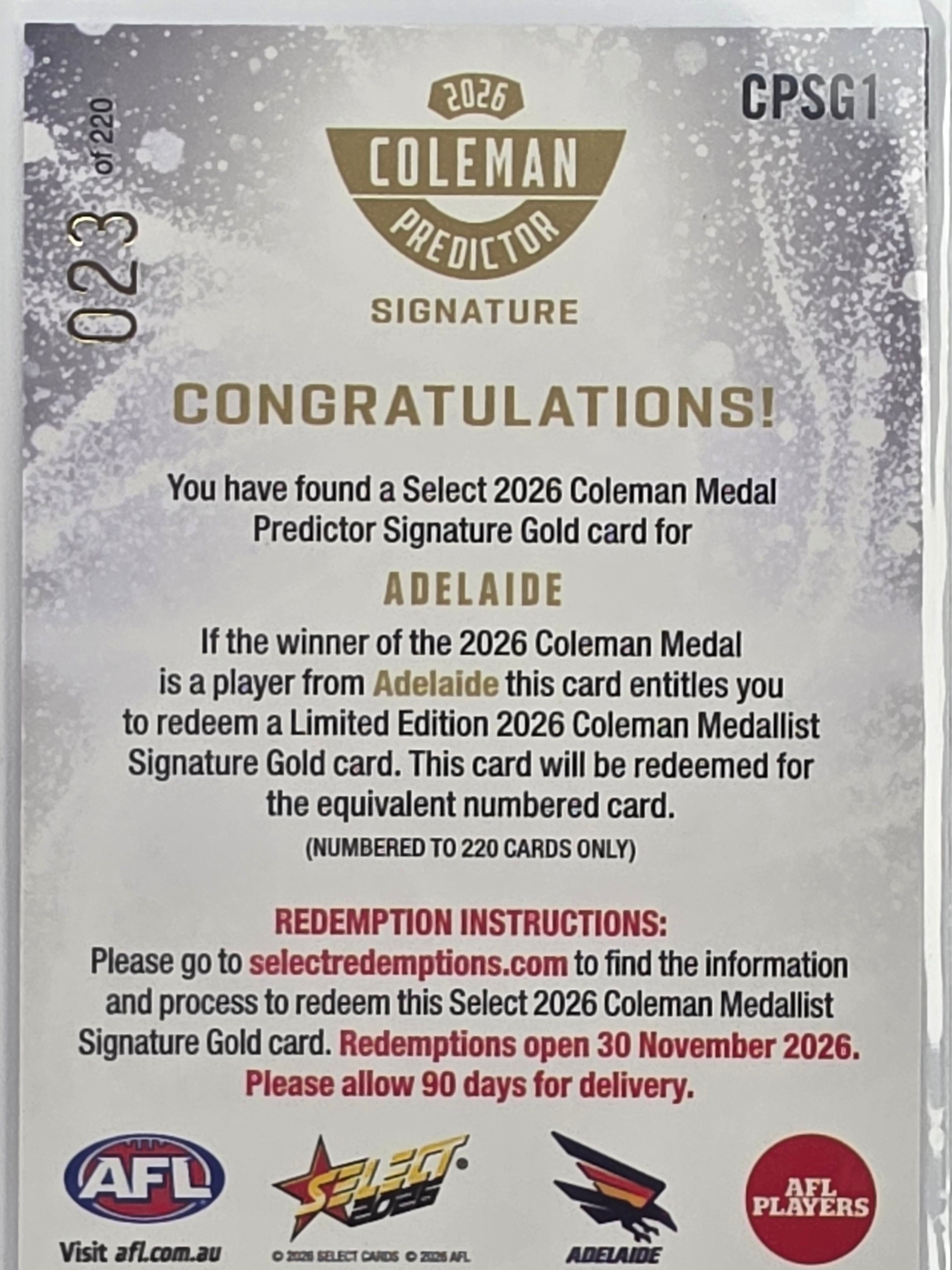 2026 AFL Footy Stars Coleman Predictor Signature Gold CPSG1 #023/220 Adelaide Crows
