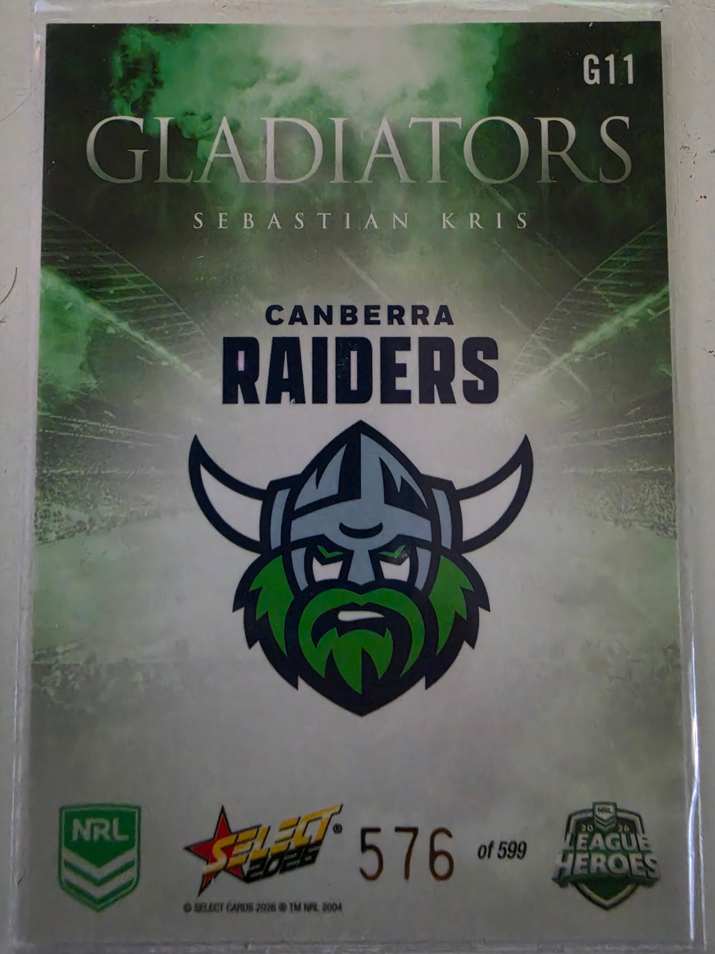 NRL 2026 League Heroes | Gladiators | #G11 | #576/599 | Sebastian Kris | Canberra Raiders
