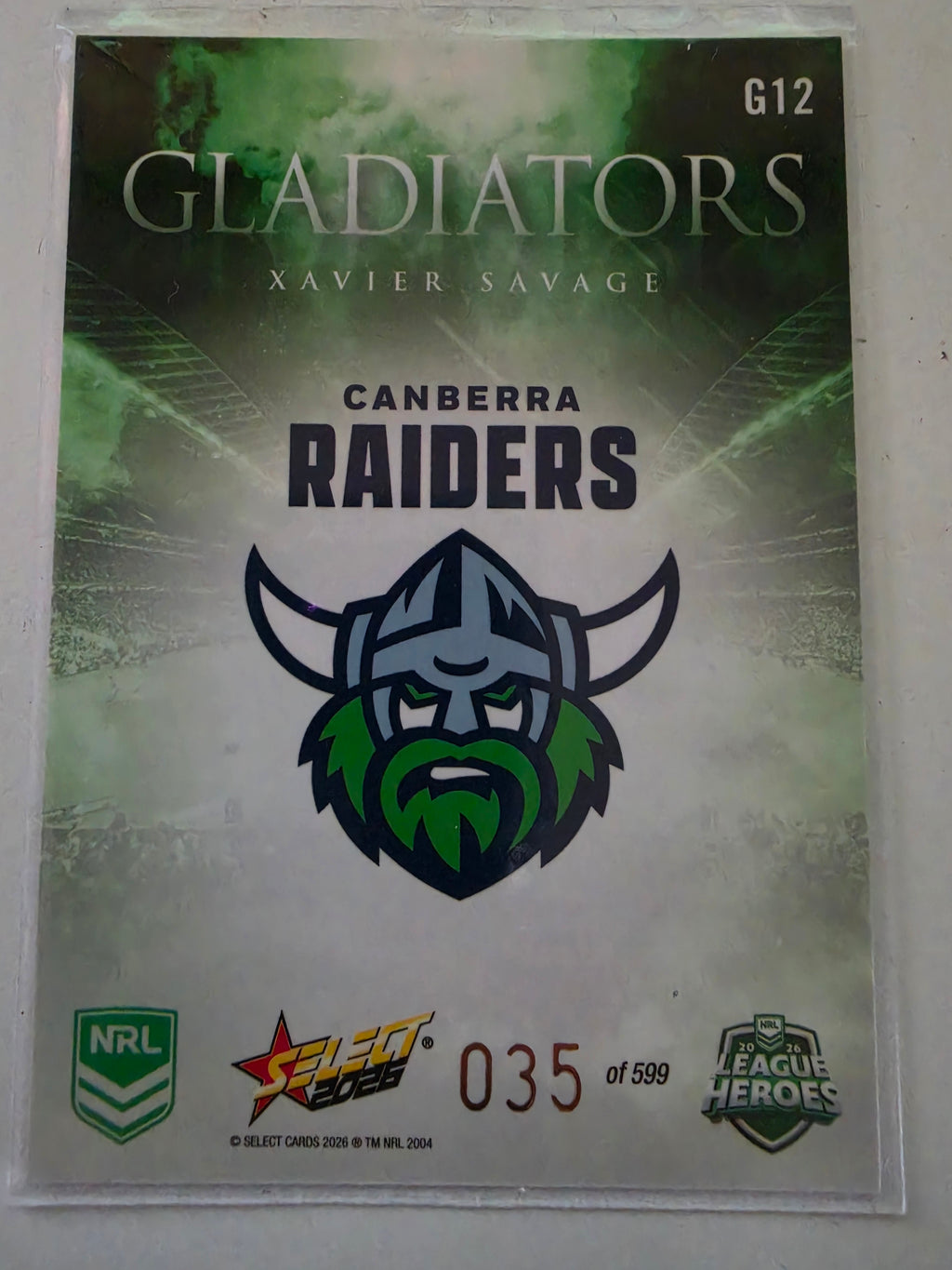 NRL 2026 League Heroes | Gladiators | #G12 | #035/599 | Xavier Savage | Canberra Raiders