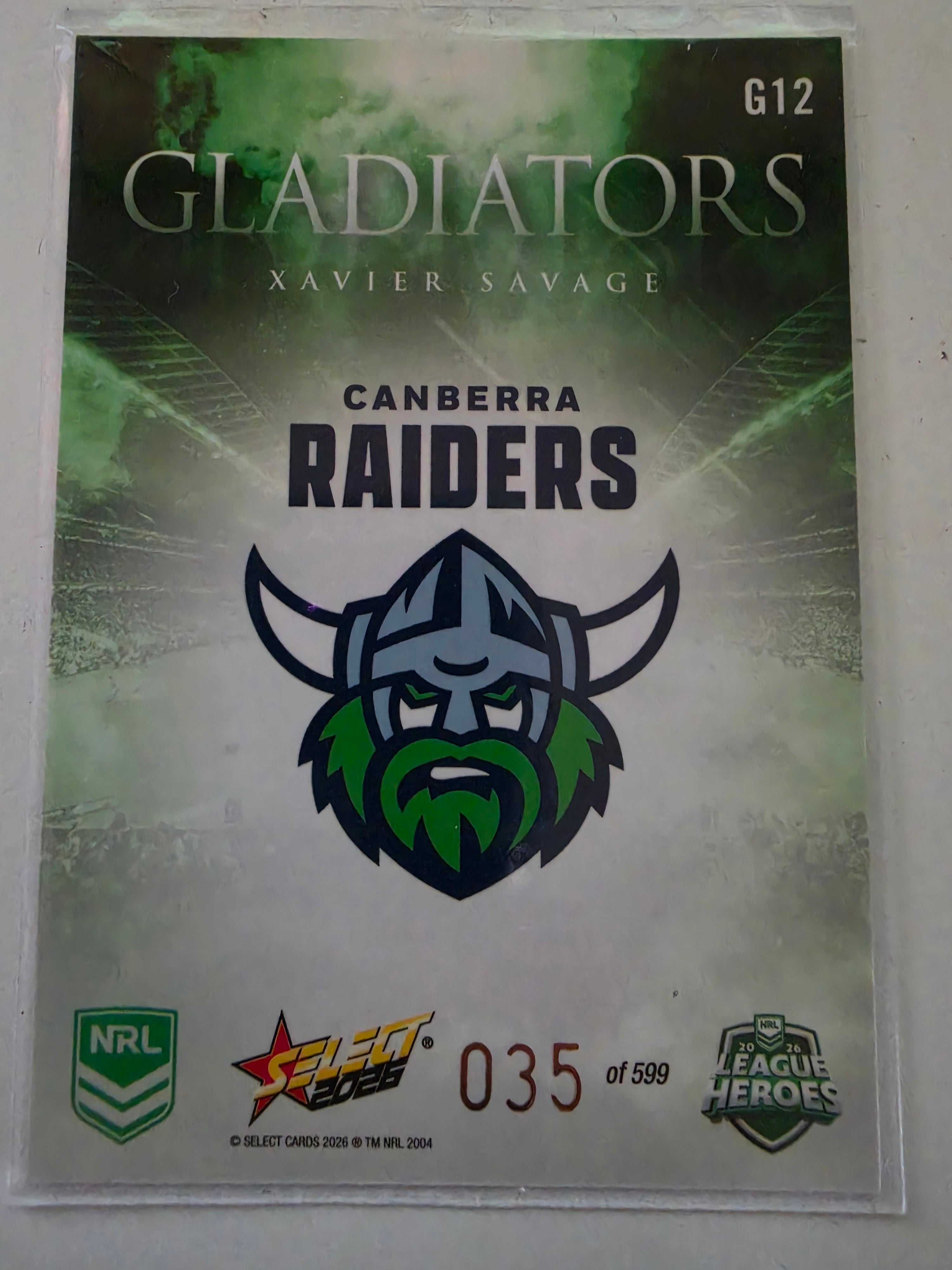 NRL 2026 League Heroes | Gladiators | #G12 | #035/599 | Xavier Savage | Canberra Raiders
