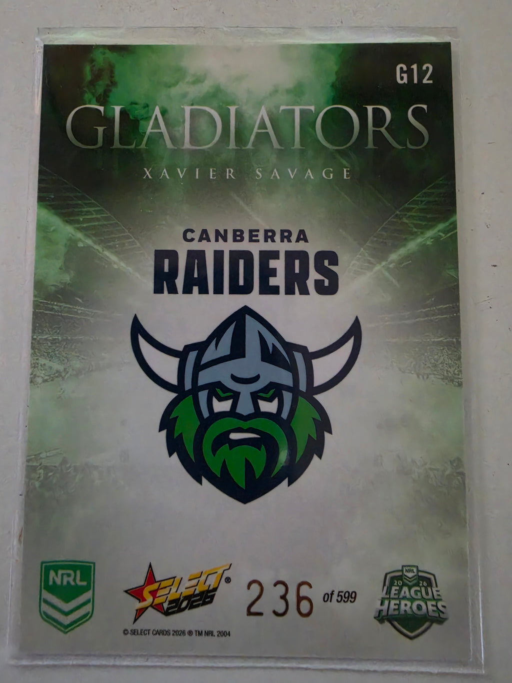 NRL 2026 League Heroes | Gladiators | #G12 | #236/599 | Xavier Savage | Canberra Raiders (Copy)