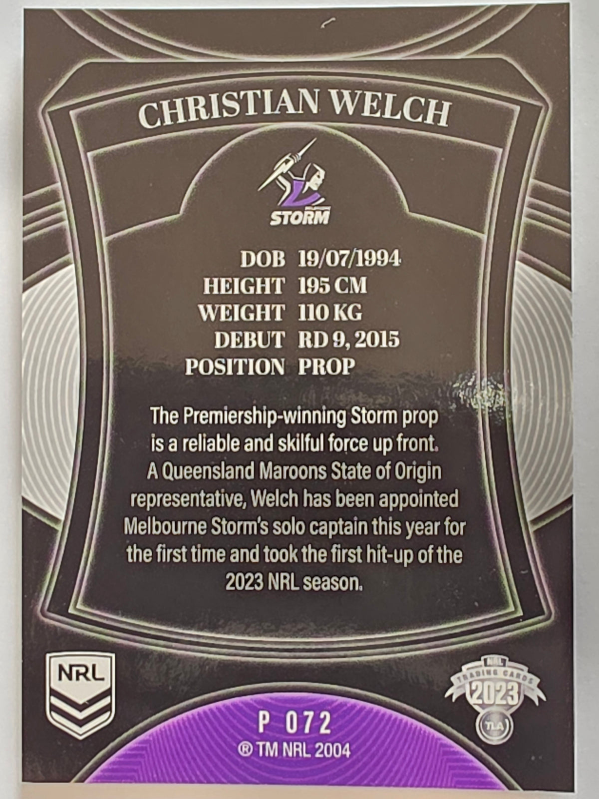 NRL 2023 Elite Pearl Special #072 Christian Welch Melbourne Storm