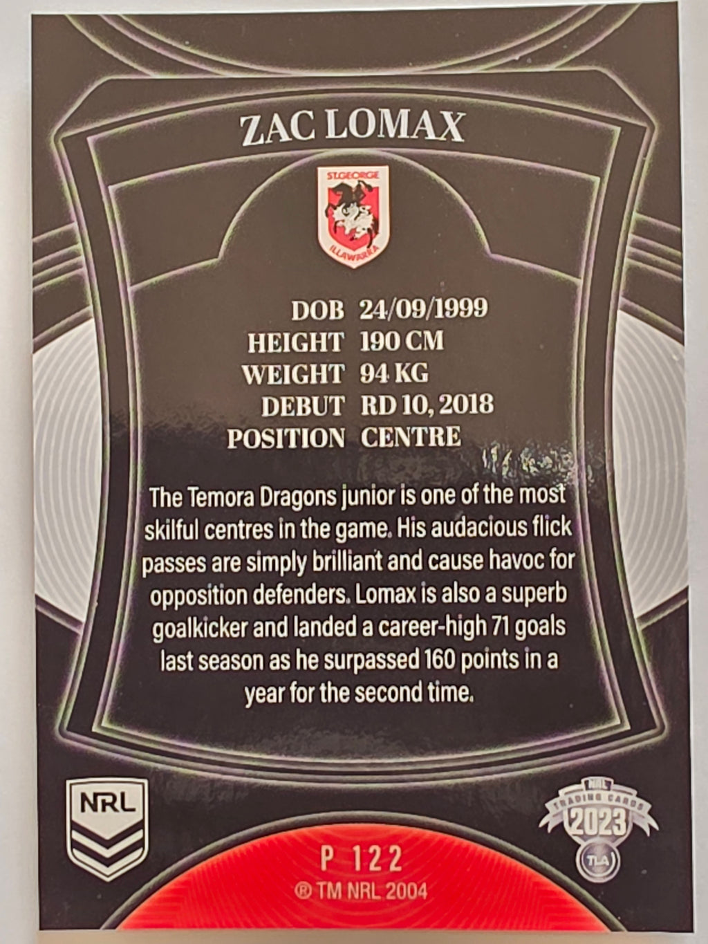 NRL 2023 Elite Pearl Special #122 Zac Lomax St George Illawarra Dragons