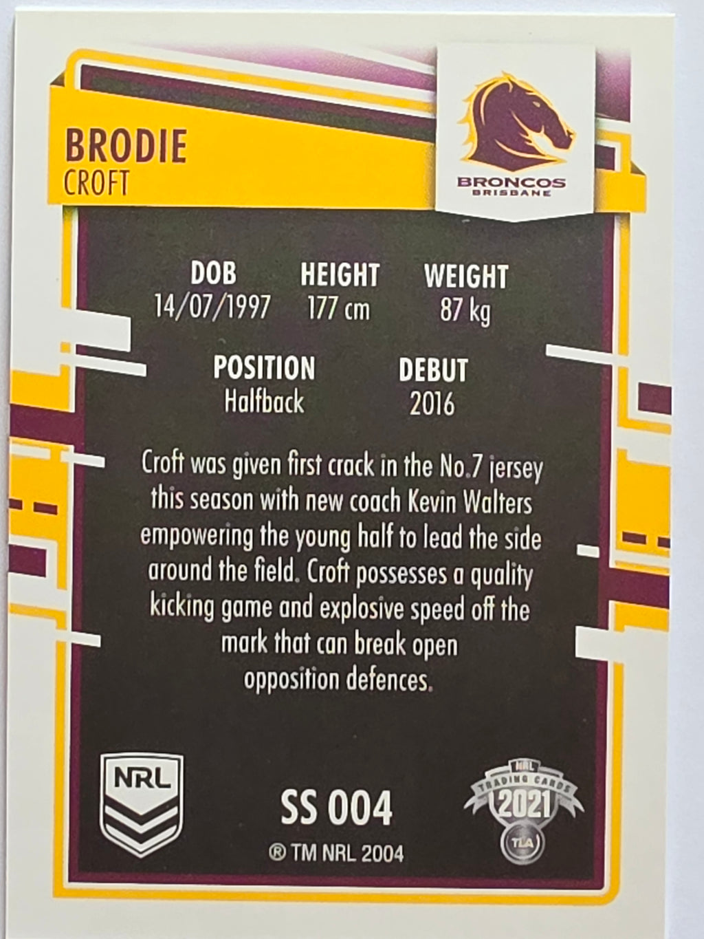 NRL 2021 Elite Pearl Special #004 Brodie Croft Brisbane Broncos