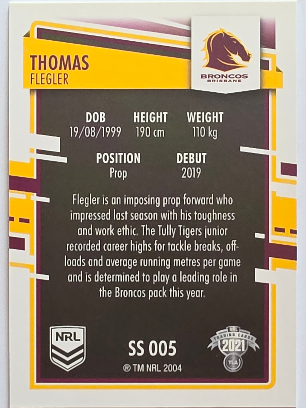 NRL 2021 Elite Pearl Special #005 Thomas Flegler Brisbane Broncos