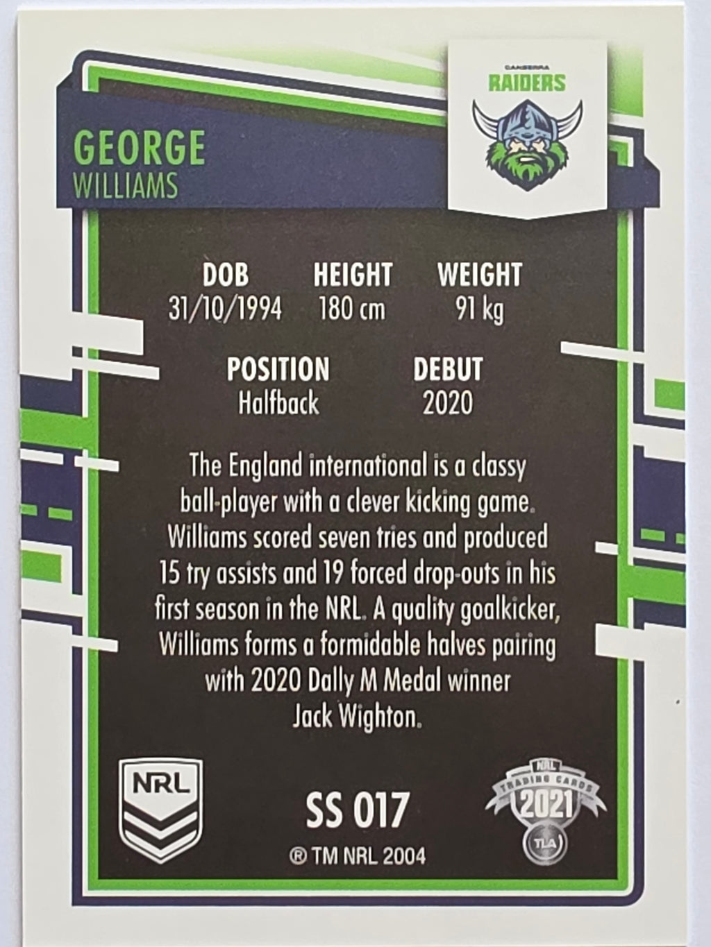 NRL 2021 Elite Pearl Special #017 George Williams Canberra Raiders