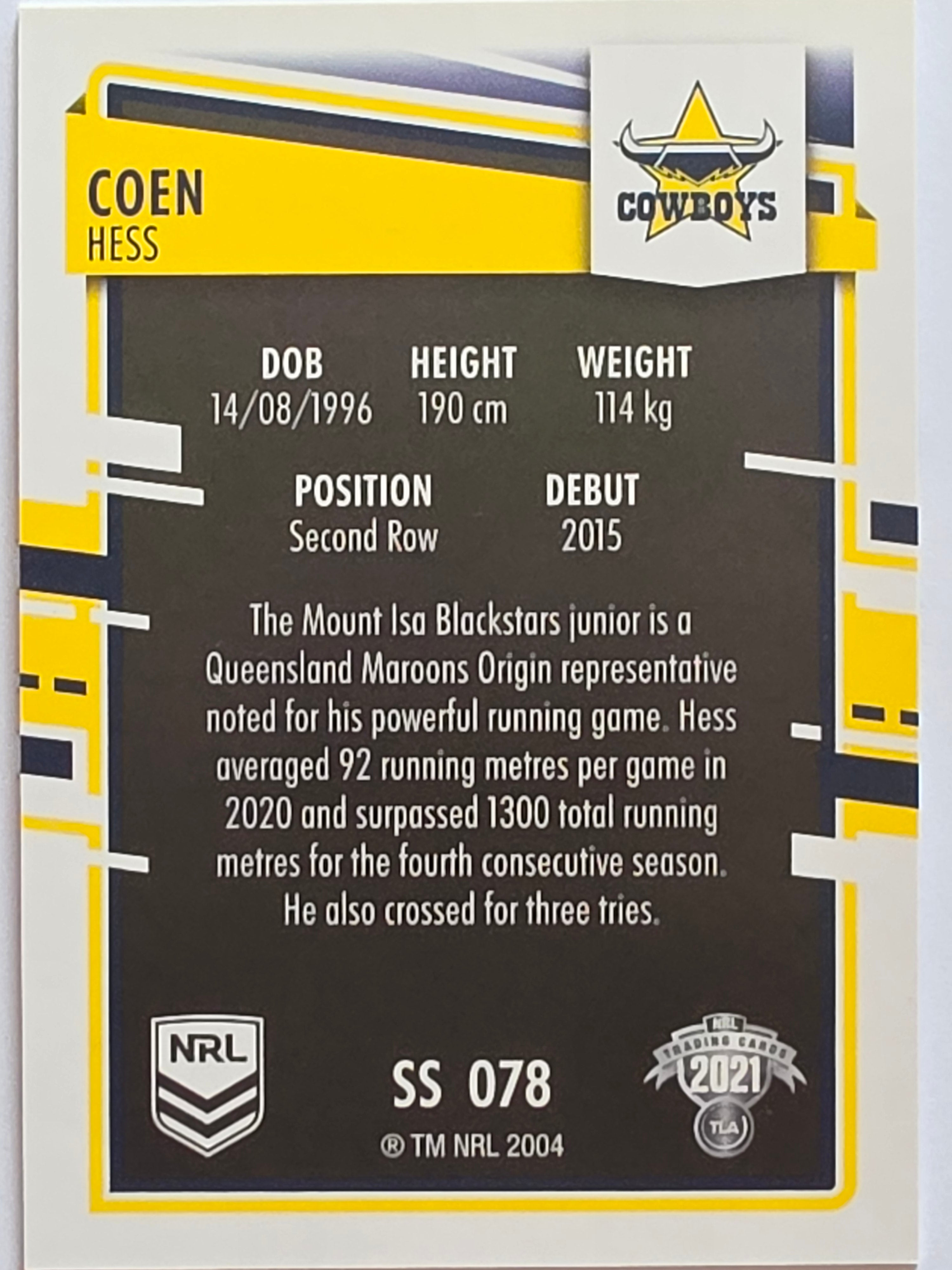 NRL 2021 Elite Pearl Special #078 Coen Hess North Queensland Cowboys