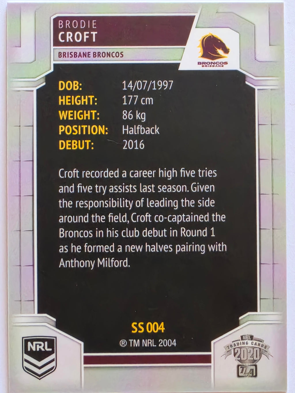 NRL 2020 Elite Silver Parallel #004 Brodie Croft Brisbane Broncos