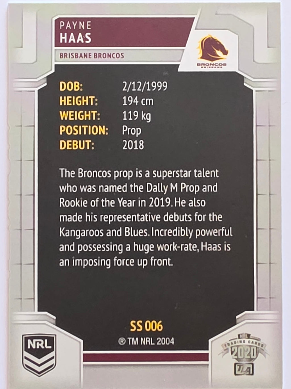 NRL 2020 Elite Silver Parallel #006 Payne Haas Brisbane Broncos