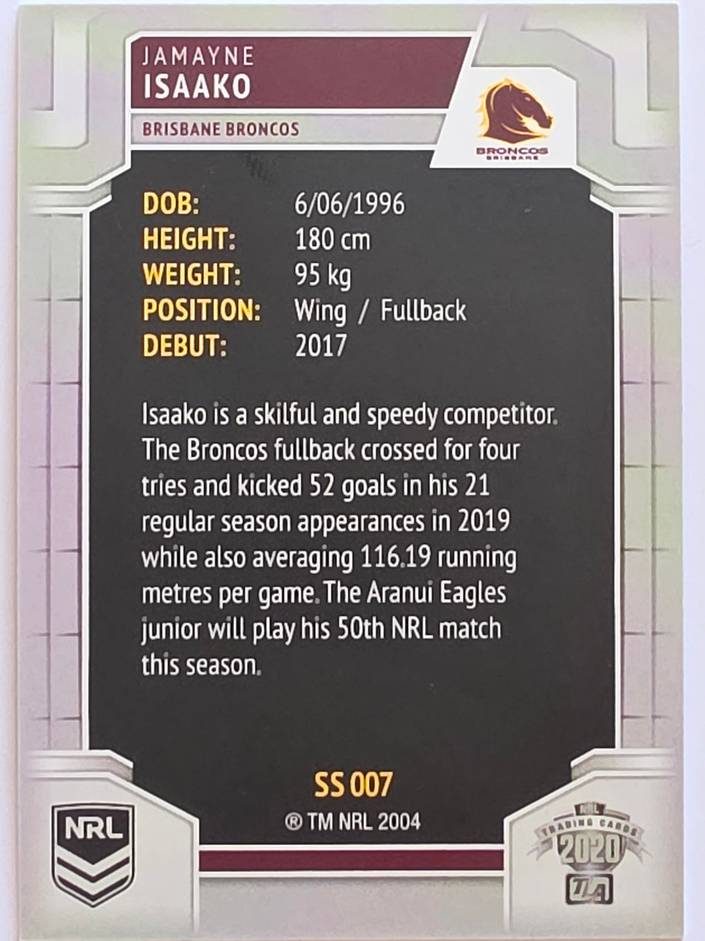 NRL 2020 Elite Silver Parallel #007 Jamayne Isaako Brisbane Broncos