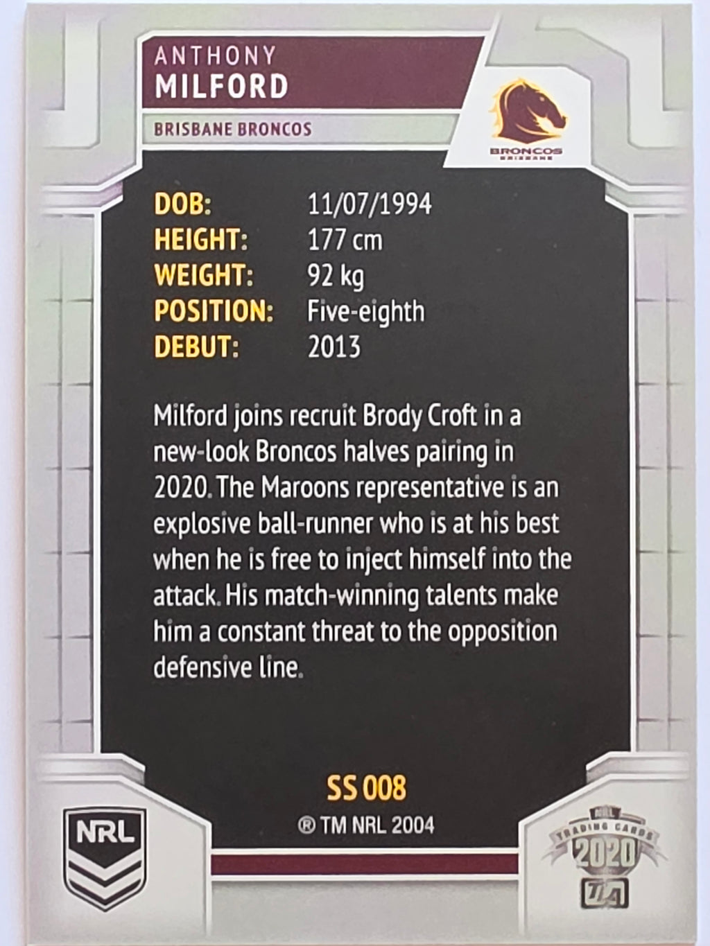 NRL 2020 Elite Silver Parallel #008 Anthony Milford Brisbane Broncos