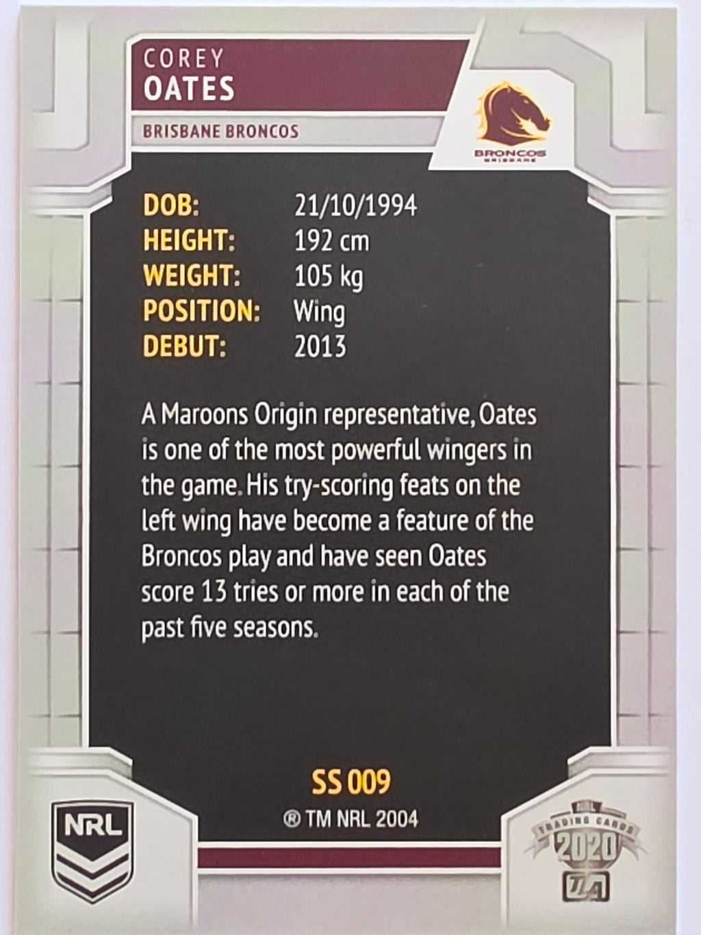 NRL 2020 Elite Silver Parallel #009 Corey Oates Brisbane Broncos